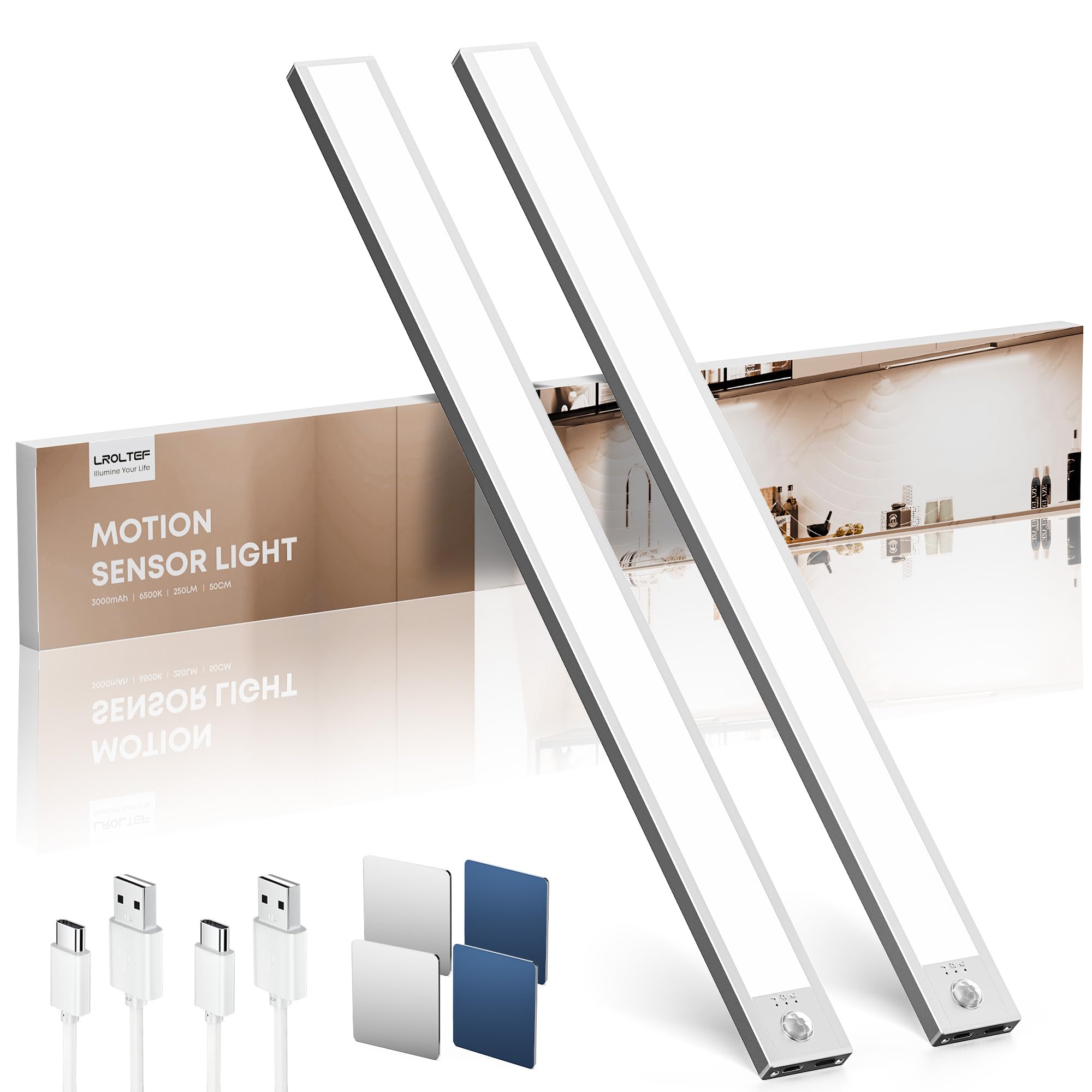 Schrankbeleuchtung Led Lampe mit Bewegungsmelder - 50cm 3000mAh Unterbauleuchte Küche Licht Aufladbar mit USB & Sensor - Dimmbar Schranklicht Treppenlicht - Vitrinenbeleuchtung Magnetische | 2 Stück