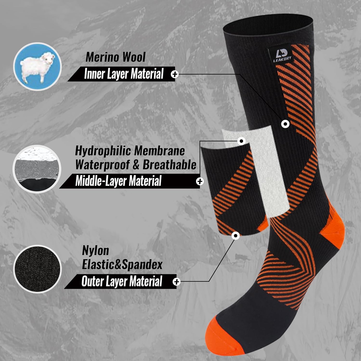 Waterproof Socks,Merino Wool,Mid Calf,Skiing & Snowboarding,Cold Weather Thermal Warm Socks - Image 2