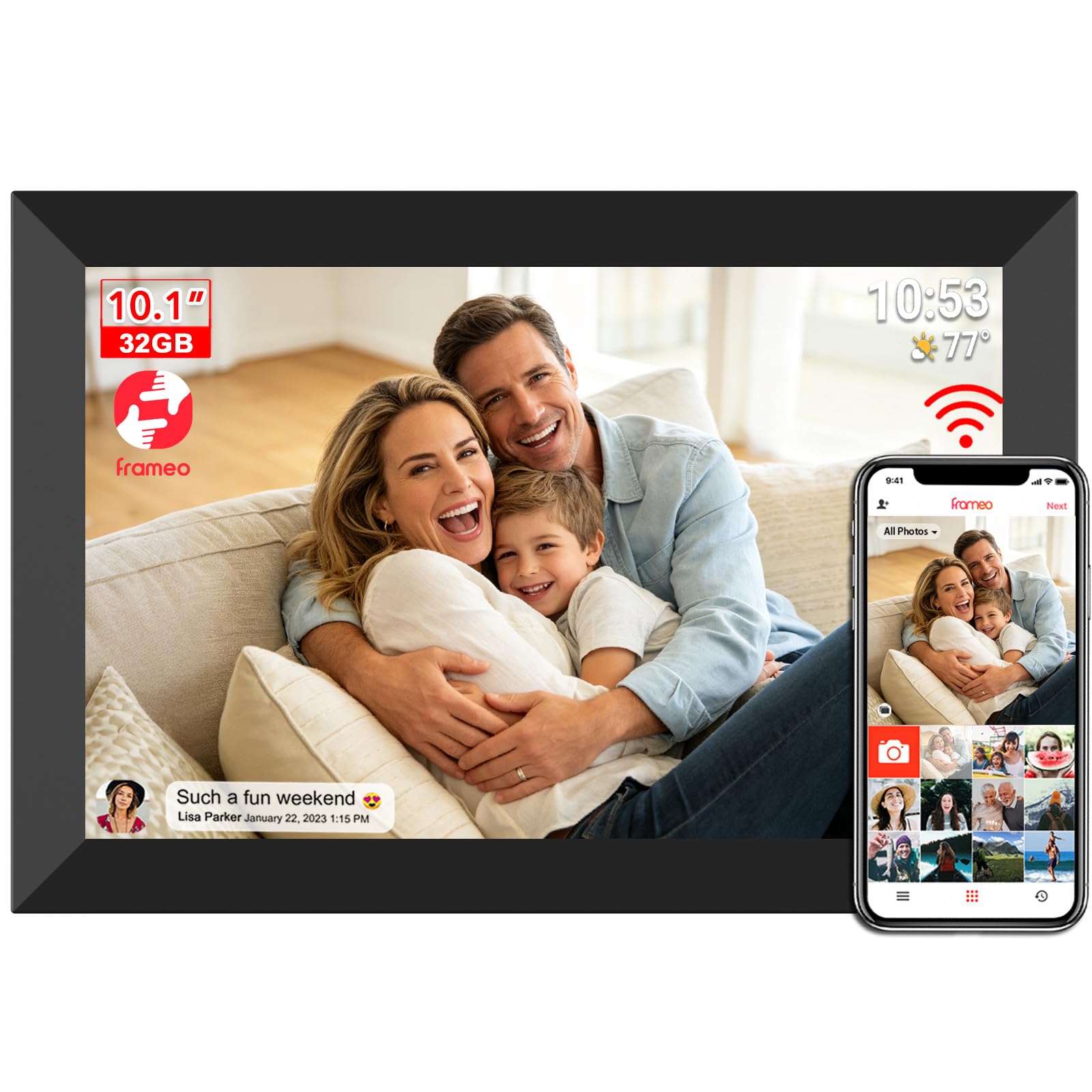 Frameo Cadre photo numérique WiFi 10,1", écran tactile HD IPS, mémoire de 32 Go, rotation automatique, montage mural, configuration facile pour partager des photos et des vidéos via l'application