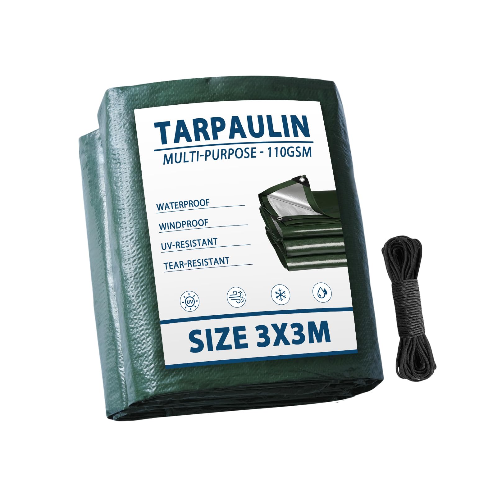 Vandham Tarpaulin 3m x 3m, Multi-purpose 110GSM Green Heavy Duty Waterproof Tarpaulins, Camping Tarp with Reinforced Grommets Covers for Outdoor