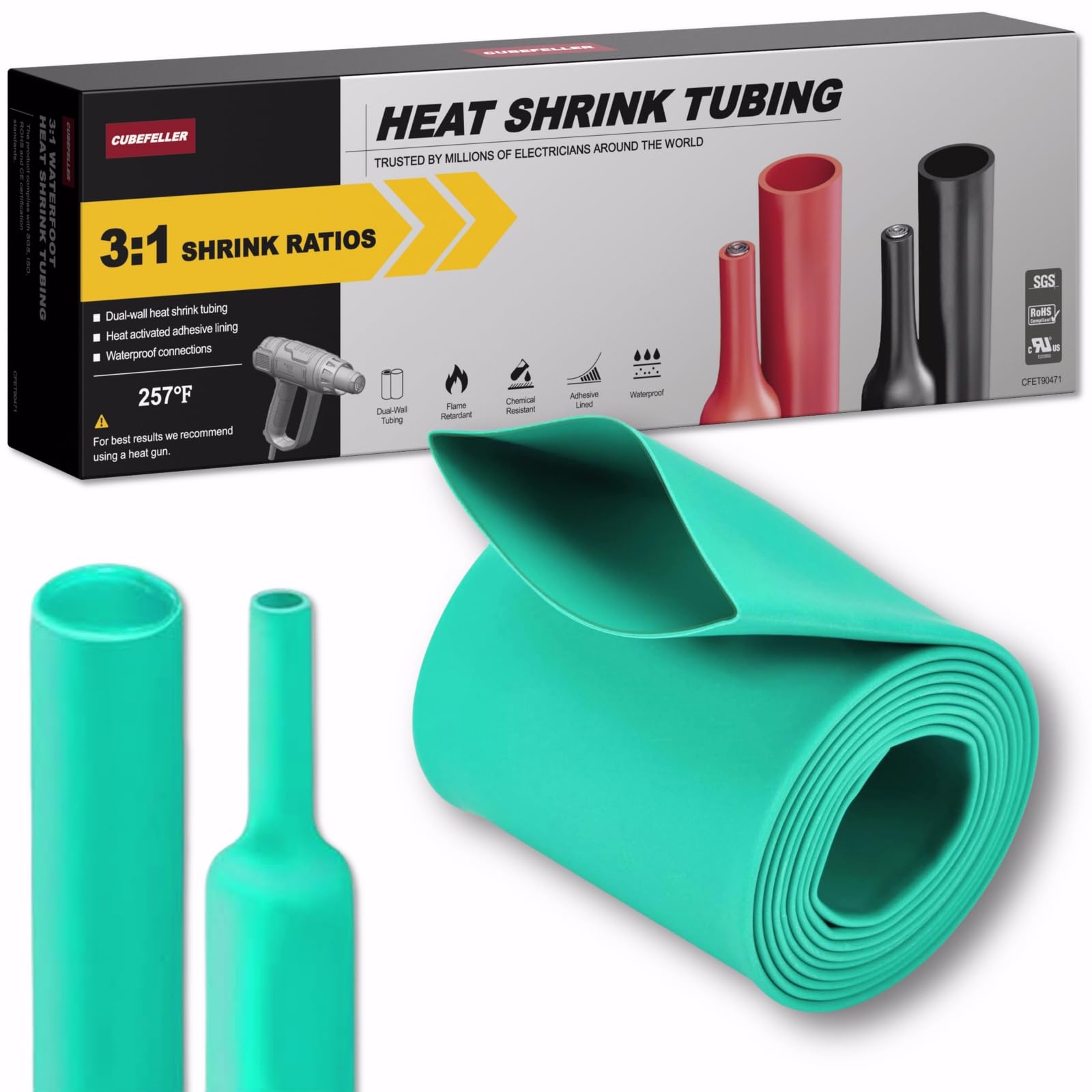 CUBEFELLER® 1-1/2 Inch (39mm) 4 Ft Waterproof Heat Shrink Tubing,UL Listed,3:1 Marine Grade Adhesive Lined Heatshrink Tube,Insulation Sealing