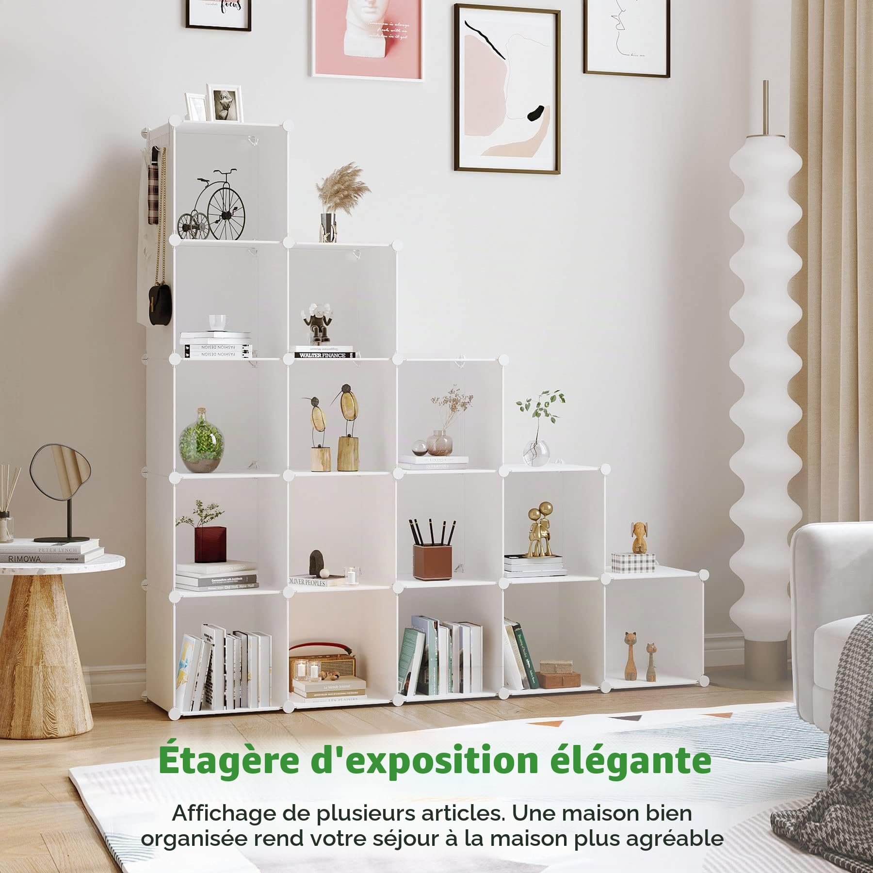 C&AHOME Organisateur de Rangement cubique, 16 étagères cubiques, Armoire de Placard, étagère à Livres modulaire en Plastique, Salon, Bureau, 48,4" L x 12,4" l x 48,4" H Milky UPCS16M