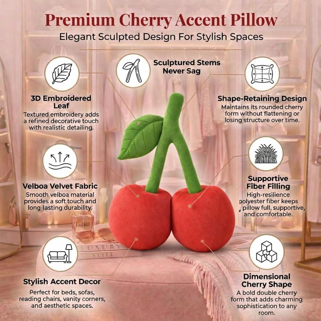 Cherry Pillow for Preppy Room Decor –17x14 In 3D Decorative Cherry Throw Pillow in Luxe Velvet –Shape Hold Fill Fruit Cushion with Sculpted Stem & Embroidered Leaf for Sofa & Aesthetic Home Decor Pink