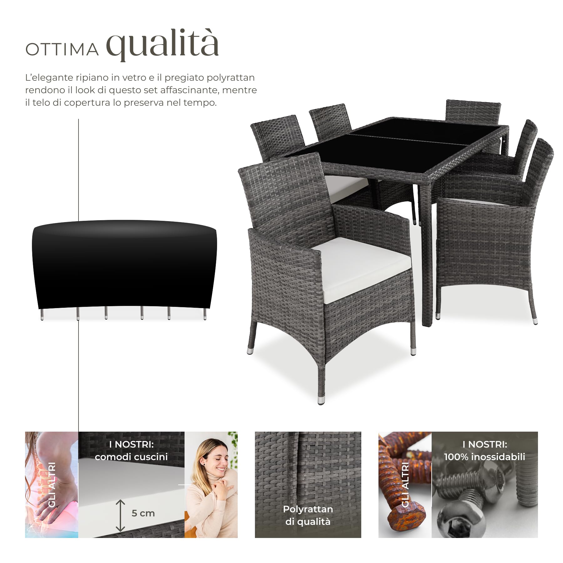 Tectake Set da Giardino Polyrattan 6 Sedie 1 Tavolo Grigio Bianco