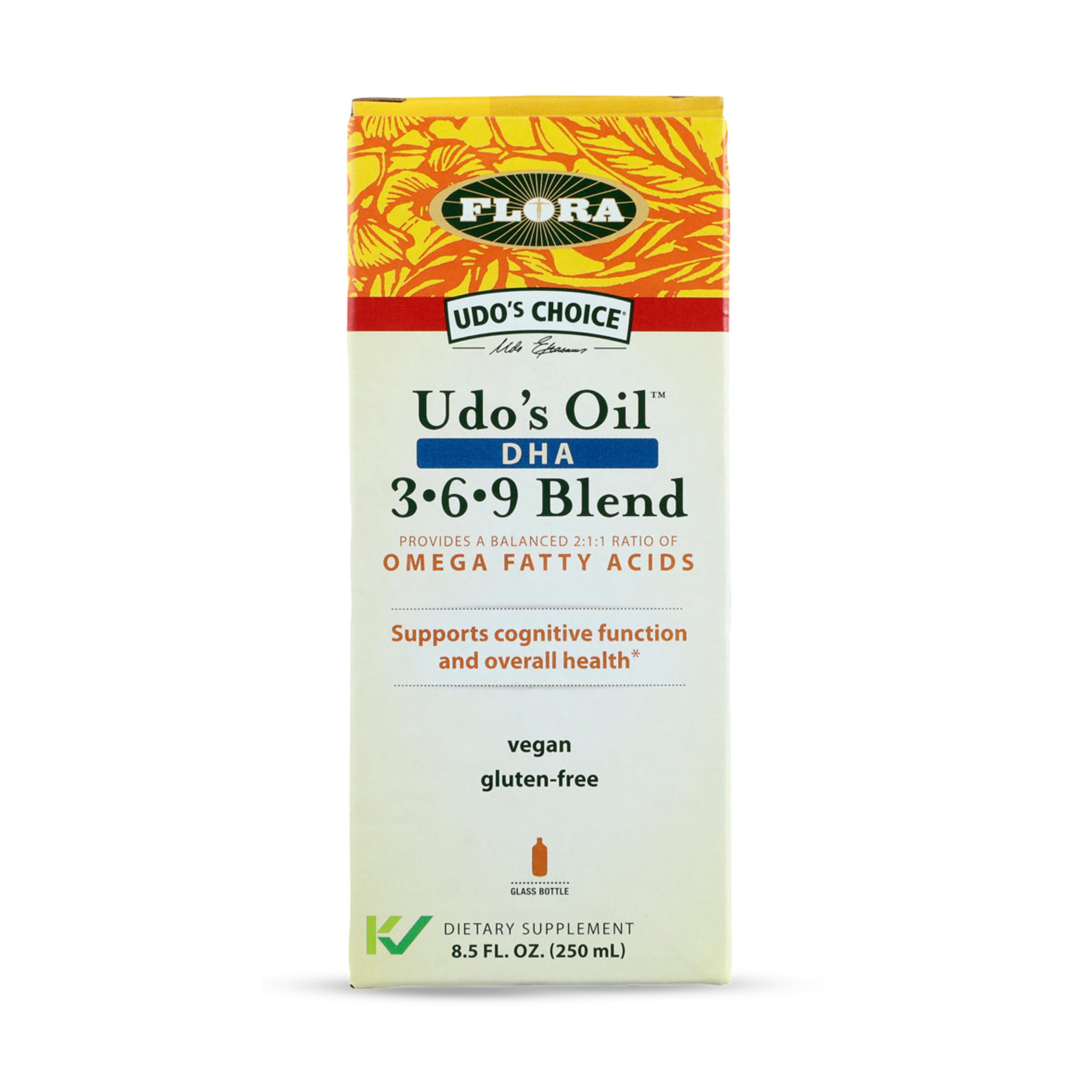 Flora - Udo's Choice Omega 369 Oil Blend with DHA, Udo's Oil Balanced 2:1:1 Ratio of Omega Fatty Acids, Supports Cognitive Function & Overall Health, 8.5-fl.oz. Glass Bottle