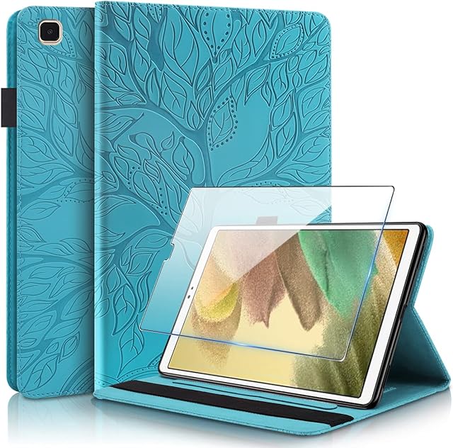 Reshias Case for Samsung Galaxy Tab A7 Lite, Blue PU Leather Flip [Kickstand Feature] Wallet Cover with One Tempered Glass Screen Protector for Tablet Samsung Galaxy Tab A7 Lite 2021 (8.7 Inch)