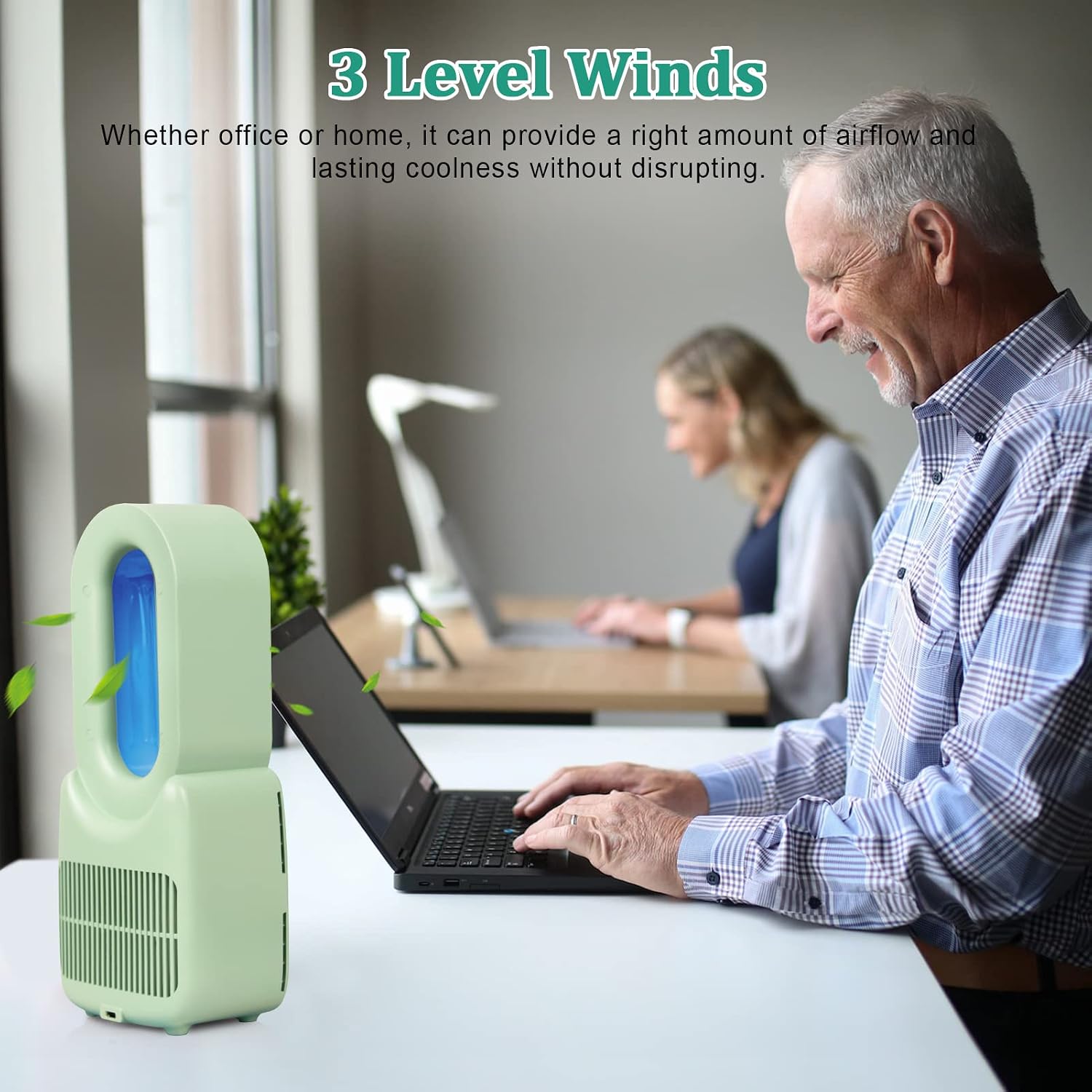 CONBOLA Desk Fan, 11.8 Inch Bladeless Fan Small Table Fan Air Cooler, Portable Rechargeable Breeze Quiet Fan with Touch Control 5-Colors Decorative LED Light for Office Bedroom(Green)