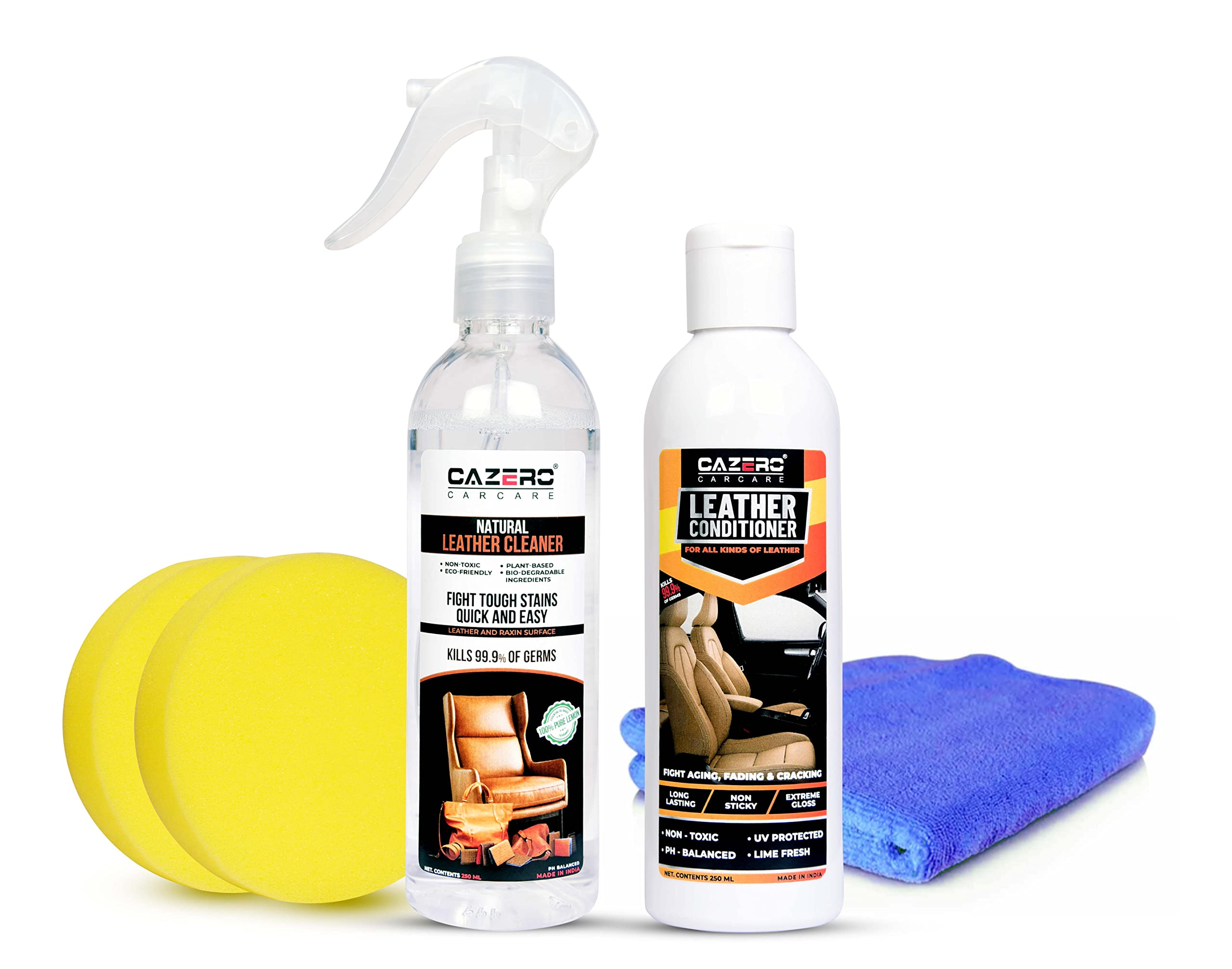 Cazero Natural Leather Cleaner & Conditioner Combo kit a Anti-microbacterial | Ph Balanced | Non-Toxic Product for All Kind of Leather/Rexine Surfaces | Made in India | 250ml+250ml