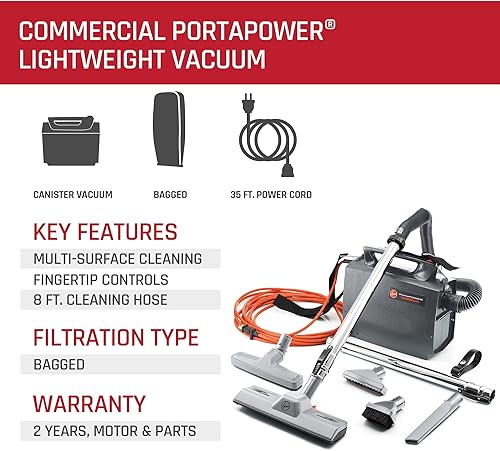 Miniatura 10 de Hoover Commercial PORTAPOWER Lightweight Canister Vacuum Cleaner with Attachments, Portable Carriable Handheld Small Professional Grade Bagged, 8