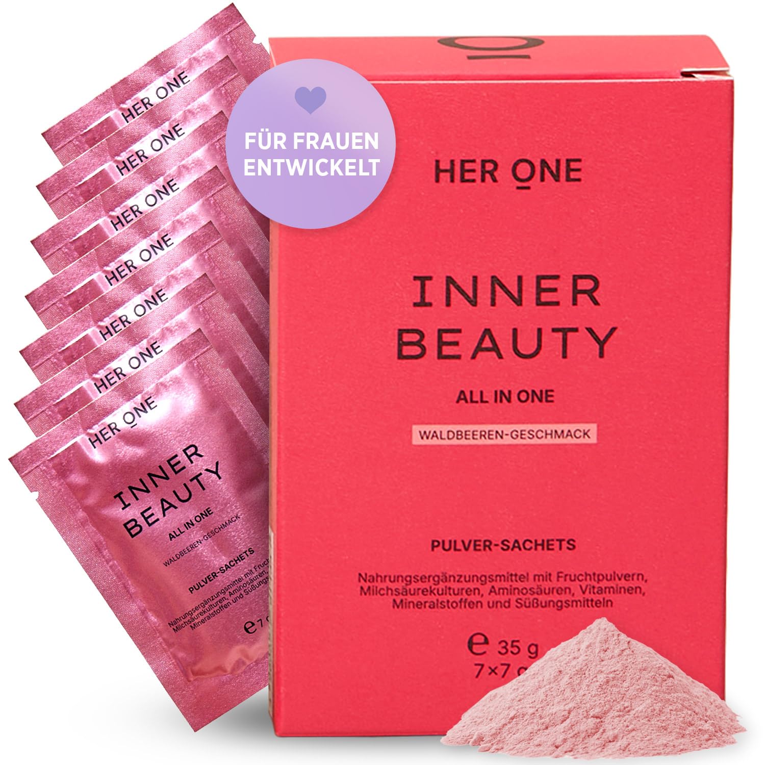 HER ONE INNER BEAUTY All in One MINIS | Vitamin Komplex hochdosiert als Multivitaminpulver | Multivitamine & Mineralstoffe für Frauen | Multivitaminpräparate & Mineralien | Beauty Drink | 7x7g Sachets
