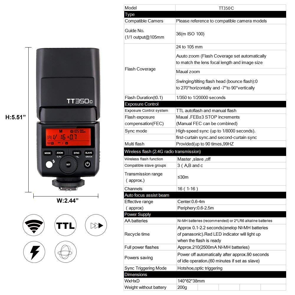 Godox TT350C 2.4G HSS 1 / 8000s TTL GN36 pour appareils Canon Cameras, 5D Mark III 80D 7D 760D 60D 600D 30D 100D 1100D Canon EOS Caméra Digital X etc