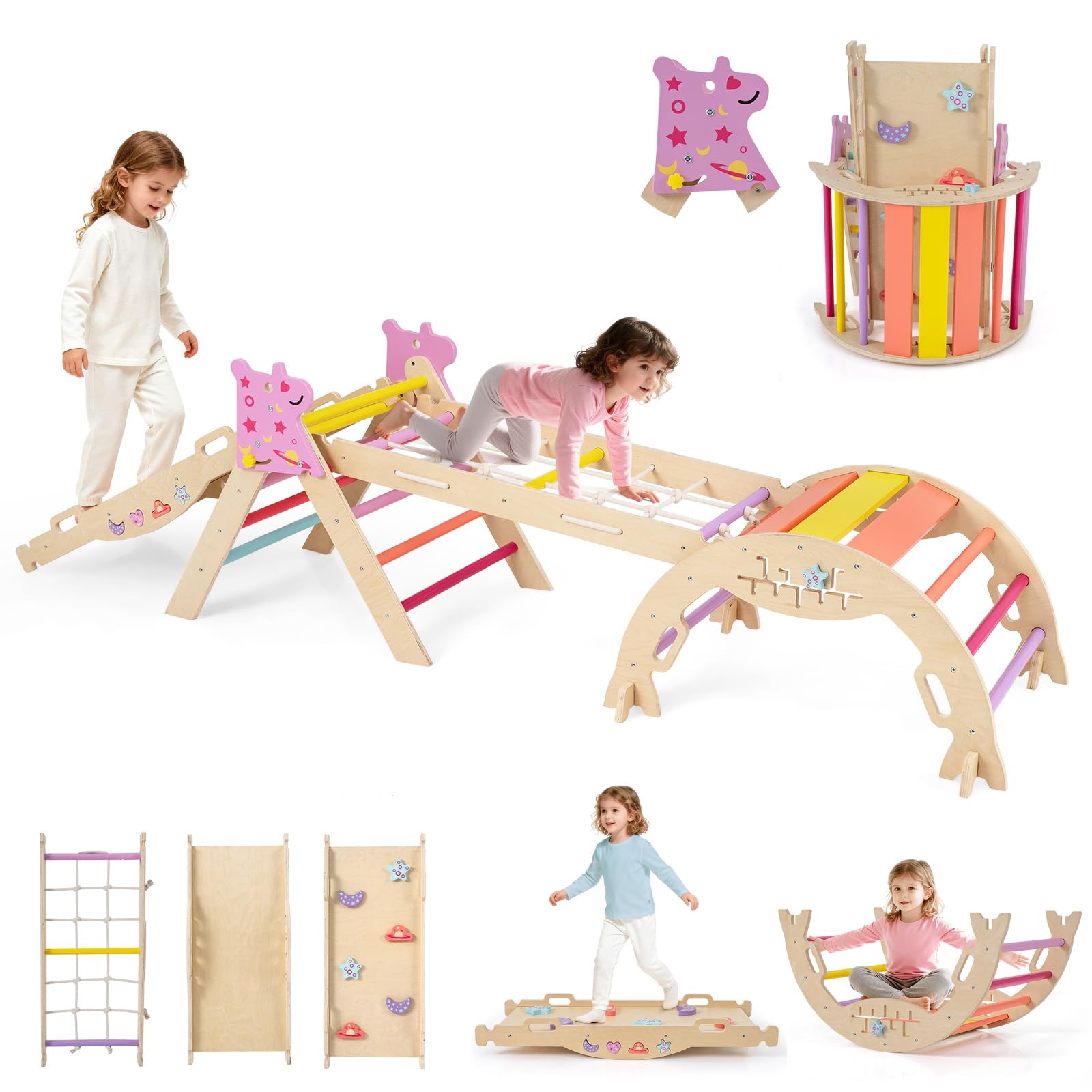GYMAX 8 in 1 Kids Climbing Set, Wooden Toddler Climber with Arch, Climbing Rope and Reversible Ramp, Indoor Climbing Frame for 3 Years Old + (Colorful, Unicorn-Themed: 281 x 53 x 60 cm)