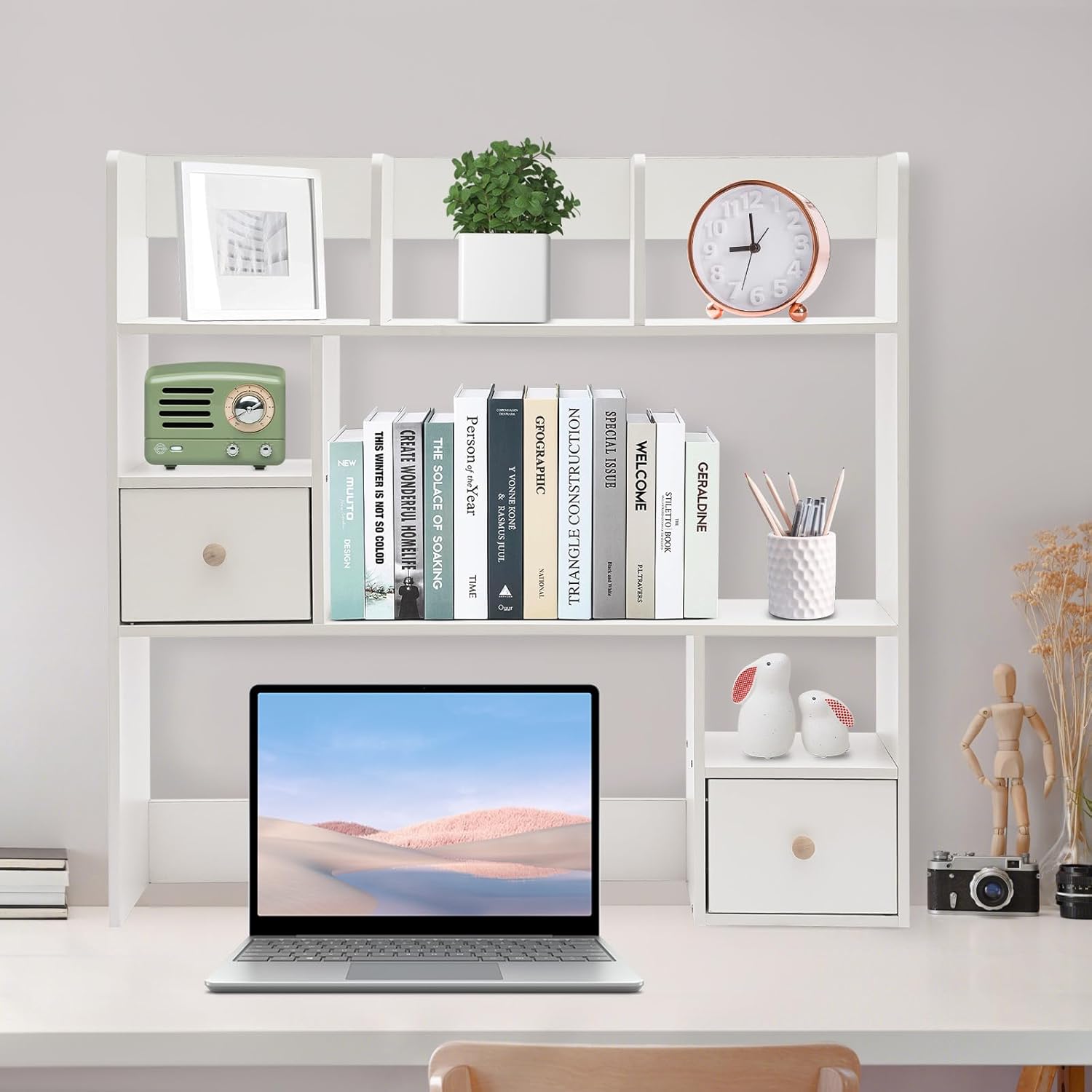 Desktop Bookshelf, Home Office Desk Organizer, Desktop Storage Organizer, Space Saving Tabletop Storage Rack, Ideal for Storing Books, Stationery & Files (White, 2 Drawers)