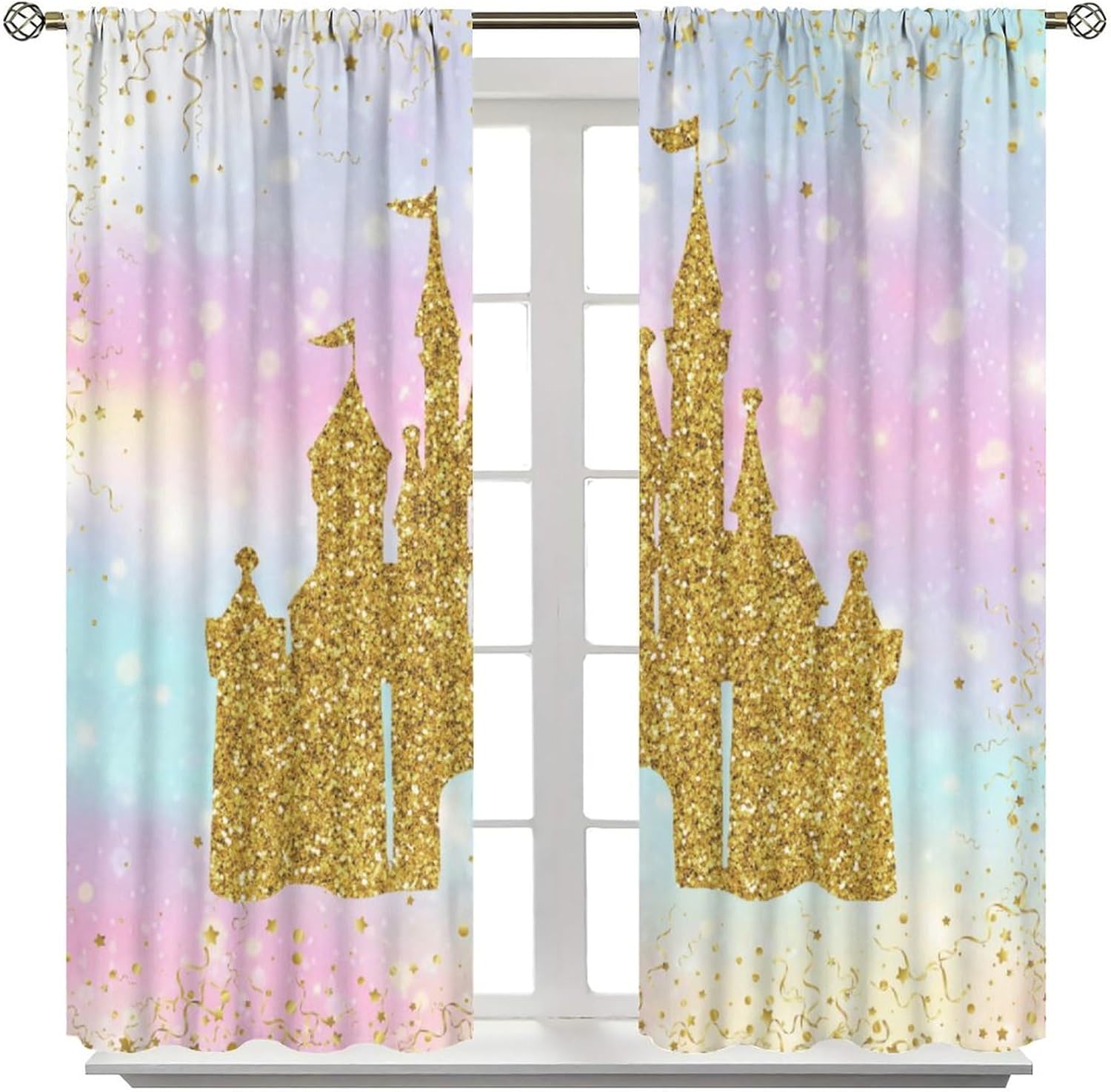 Princess Castle Curtains, Watercolor Pastel Rainbow Gold Glitter Fairy Tale Castle Print Blackout Window Treatments for Kids Girls Bedroom Living Room Party Decor, 42" W X 45" L