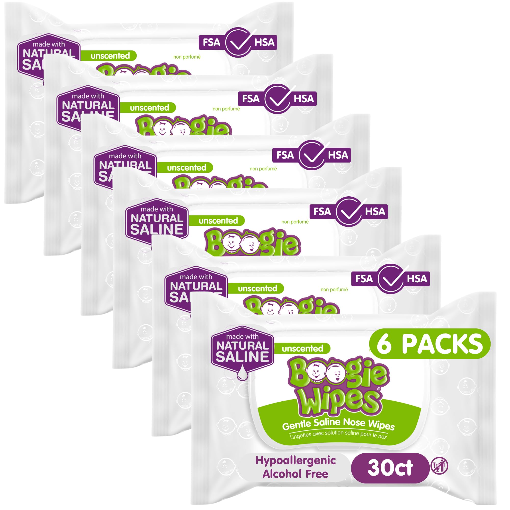 Boogie Wipes, Unscented Wet Wipes for Baby and Kids, Nose, Face, Hand, and Body, Soft and Sensitive Tissue Made with Natural Saline, Aloe, Chamomile and Vitamin E, 30 Count (Pack of 6)