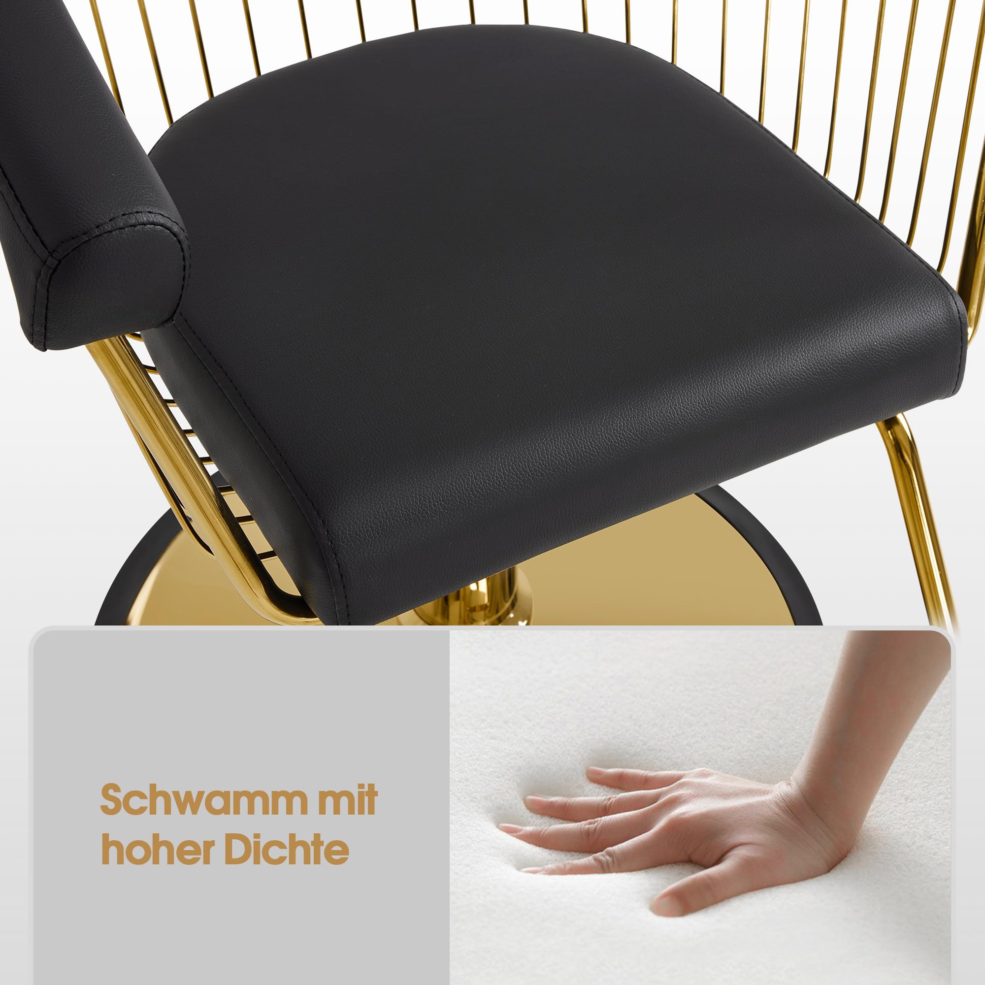 Barberpub Sedia da parrucchiere idraulica regolabile in altezza 13 cm & girevole 360°, seduta per salon, attrezzatura per parrucchieri, ecopelle, sedia servizio per salon, oro-nero, 2053