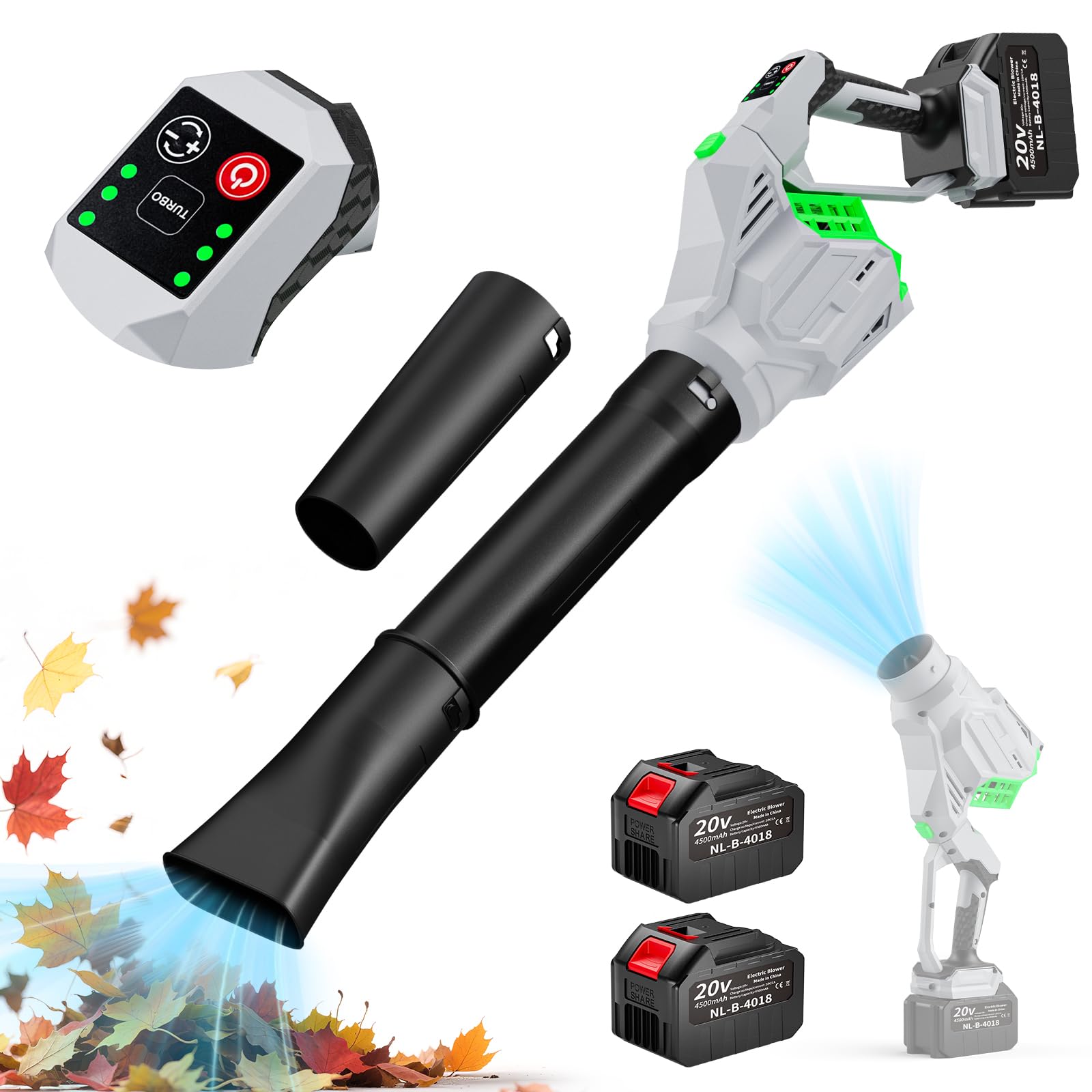 Soffiatore per Foglie Senza Fili 270 km/h, Batteria 9000 mAh con Caricabatterie, 20V Motore Senza Spazzole Turbo, 4 Velocità, per Giardino Prato Raccogliere Foglie Neve Polvere Auto