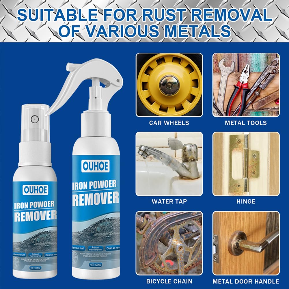Camic OUHOE Iron Powder Remover, Car Rust Removal Spray per auto, Rust Inhibitor Derusting Spray, for Rust Removal of Various Metal Automobile (2p-30ml + 100ml)