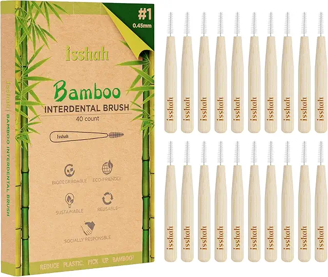 Isshah Biodegradable Bamboo Interdental Brushes - Size 1 (0.45mm), 40 Count - Miswak Brush