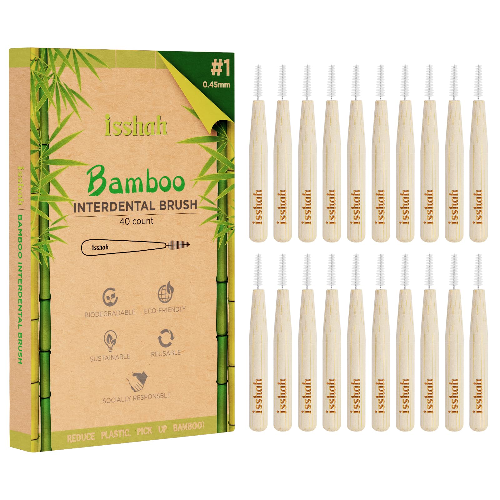 IsshahIsshah - Cepillo interdental con mango de bambú biodegradable, Size 1 (0.45mm), 40.00[set de ]