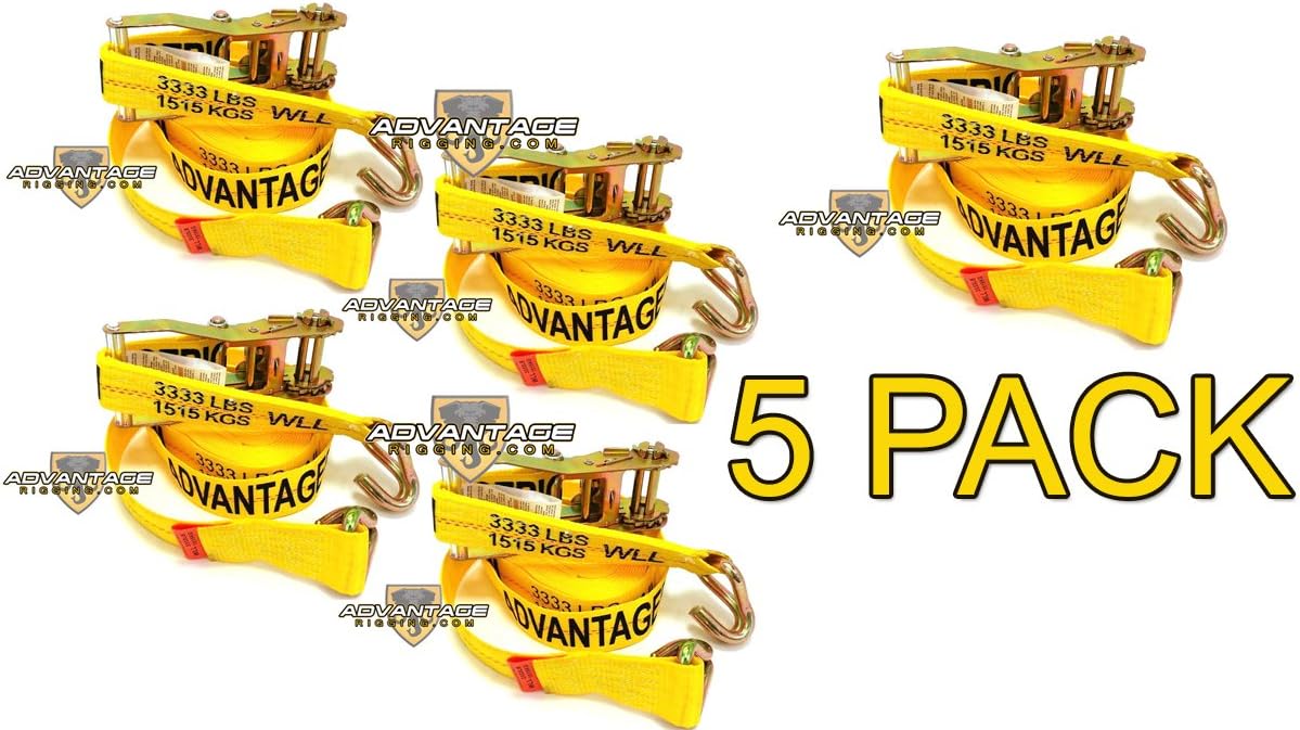 Advantage Rigging - 5 PK Heavy Duty Ratchet Strap Tiedown 27' X 2" with Wire J Hooks 10k Break Strength