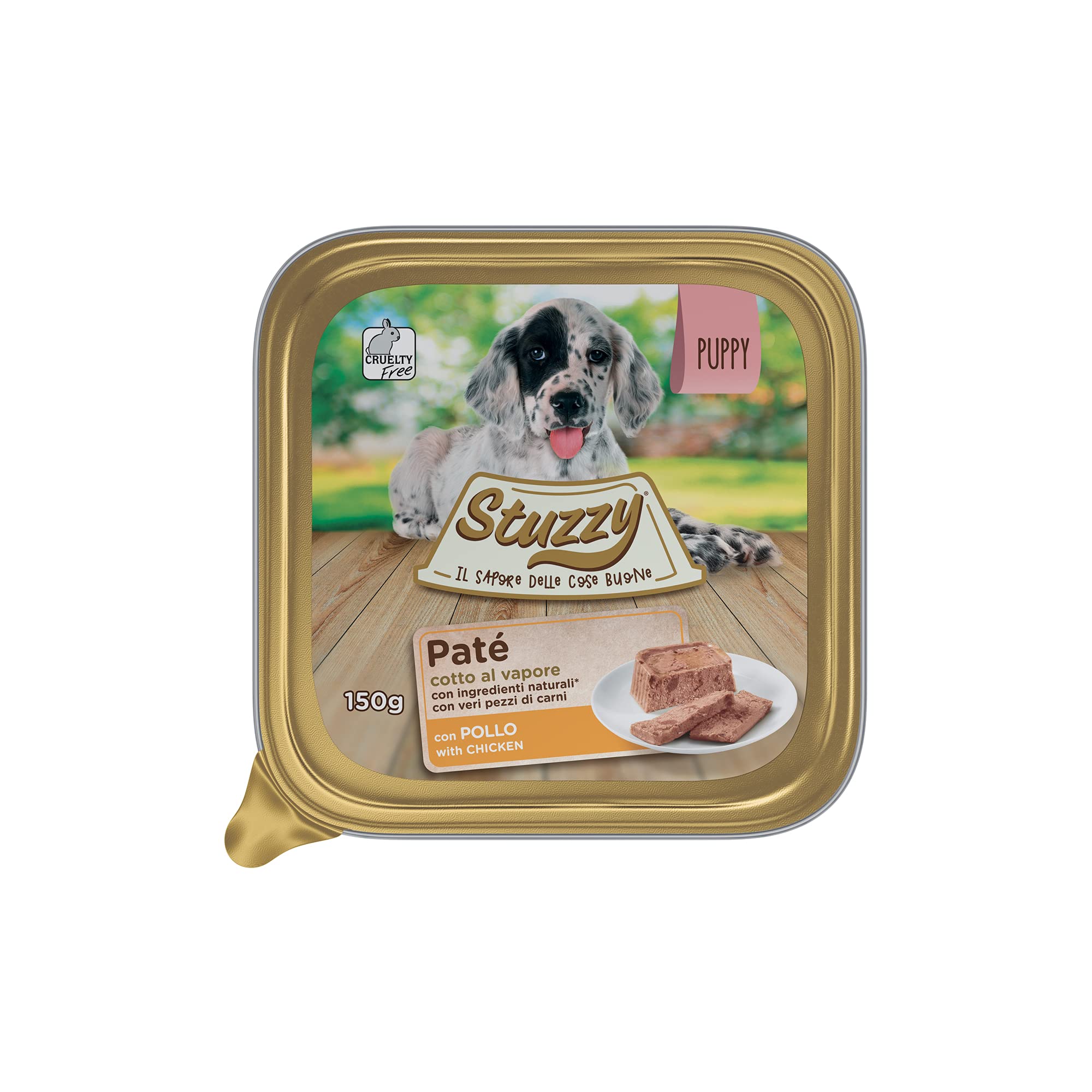 Stuzzy Mister, Comida húmeda para Cachorros, Sabor Pollo, paté y Carne en trozos - Total 3,3 kg (22 tarrinas x 150 gr)