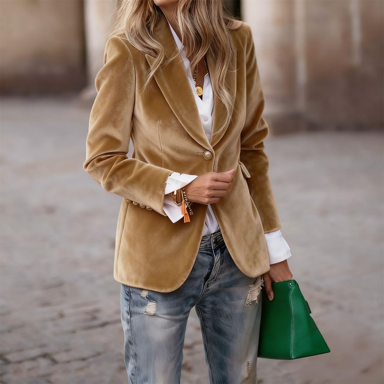 Giacca da donna in velluto lungo, oversize, con scollo a V, con colletto a risvolto, tinta unita, blazer lungo, elegante temperamento, costume da discoteca