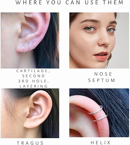 Miniatura 6 de Juego de aretes de aro pequeños para mujer, 0.236 in, 0.276 in, 0.315 in