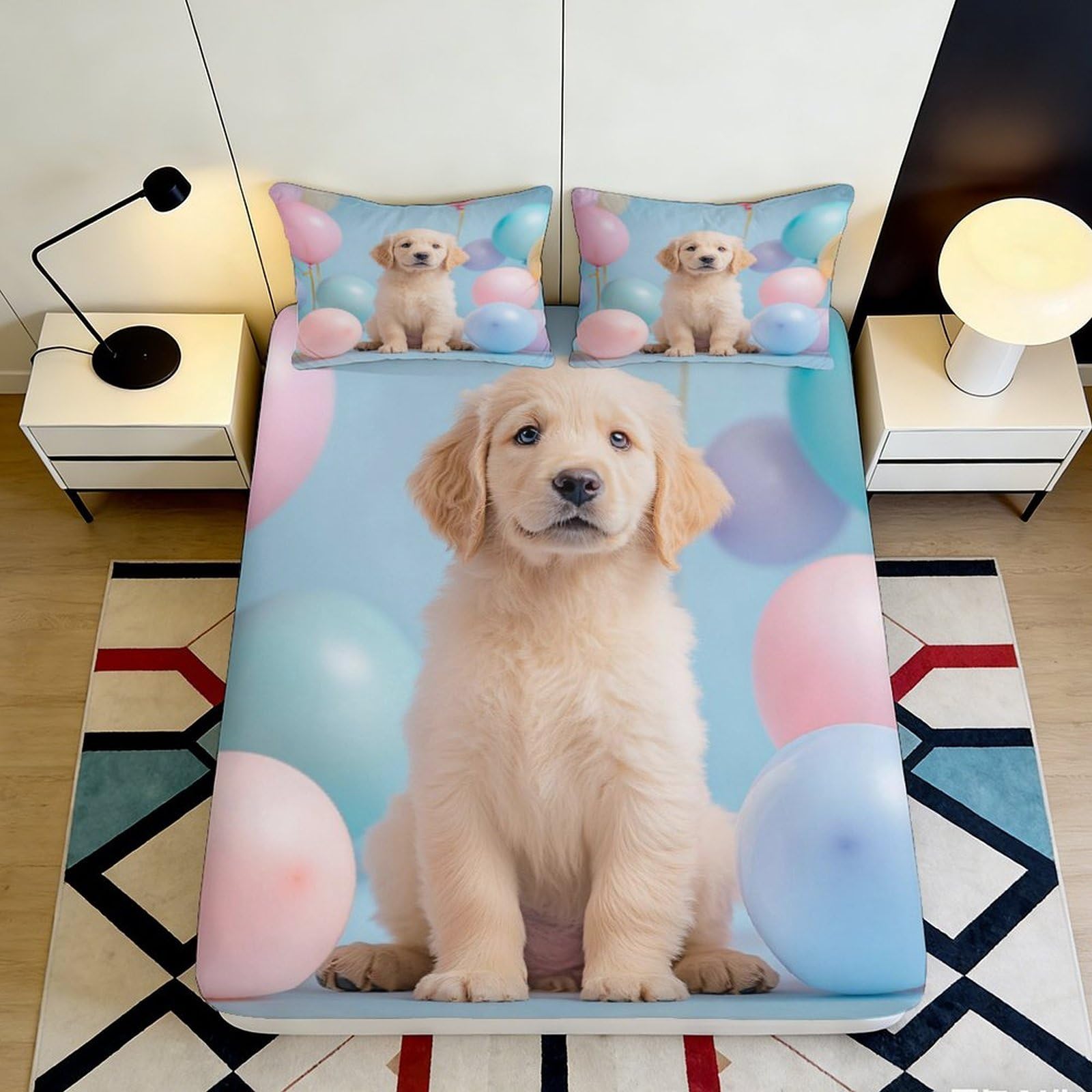 3D Printed Cute Puppy Balloons Fitted Sheet Microfiber Soft Breathable Dog Print Bed Cover for Bedroom Dorm Dormitory Guest Room Mattress Protection 160x200x25cm
