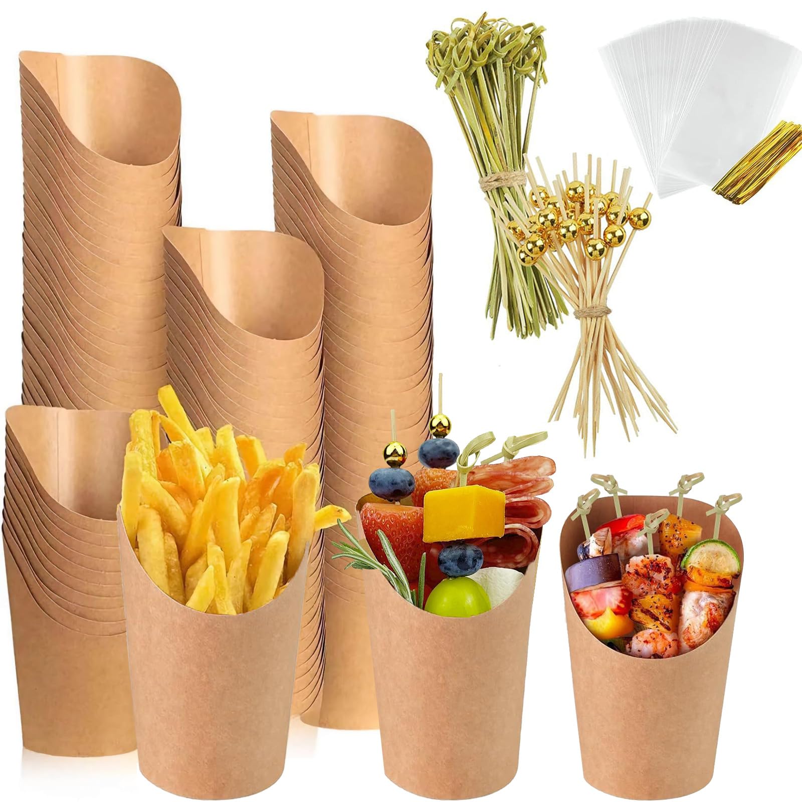 Charcuterie Cups with Sticks,14 oz Charcuterie Cups Kraft Paper Snack Boxes with 100 Charcuterie Sticks + 100 Cocktail Picks +100 Bags Appetizers Cup for Individual Party Serving Snack