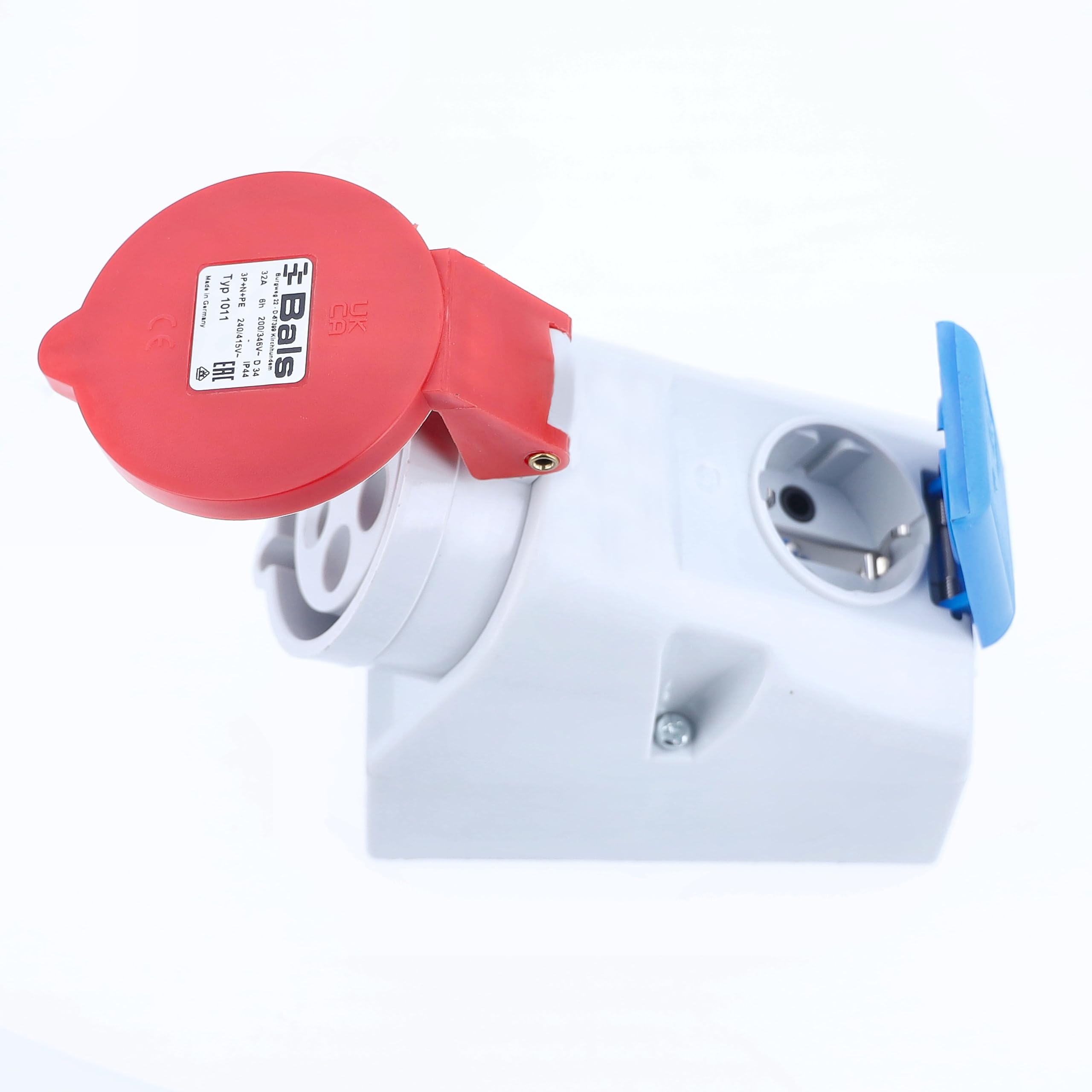 CEE Steckdose Aufputz - CEE Kombisteckdose - Schutzkontaktsteckdose - 400 V, 32 A, 5-polig - Wanddose mit Klappdeckel - mit Schraubanschlüssen - Schlagfest - IP44 - Made in Germany, 60438
