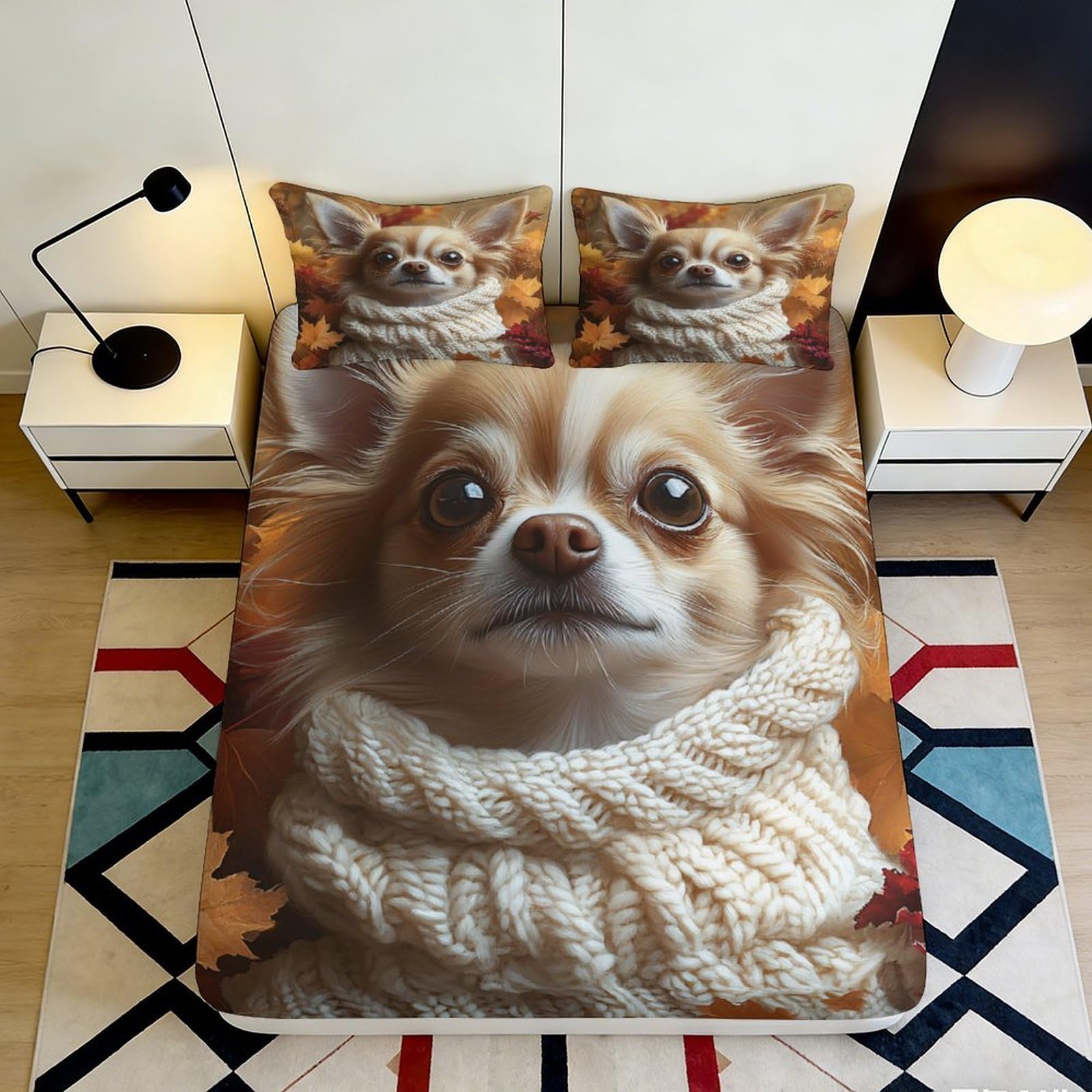 3D Printed Autumn Leaves Chihuahua Fitted Sheet Microfiber Soft Cozy Dog Bed Cover for Bedroom Guest Room Decor 90x200x25cm