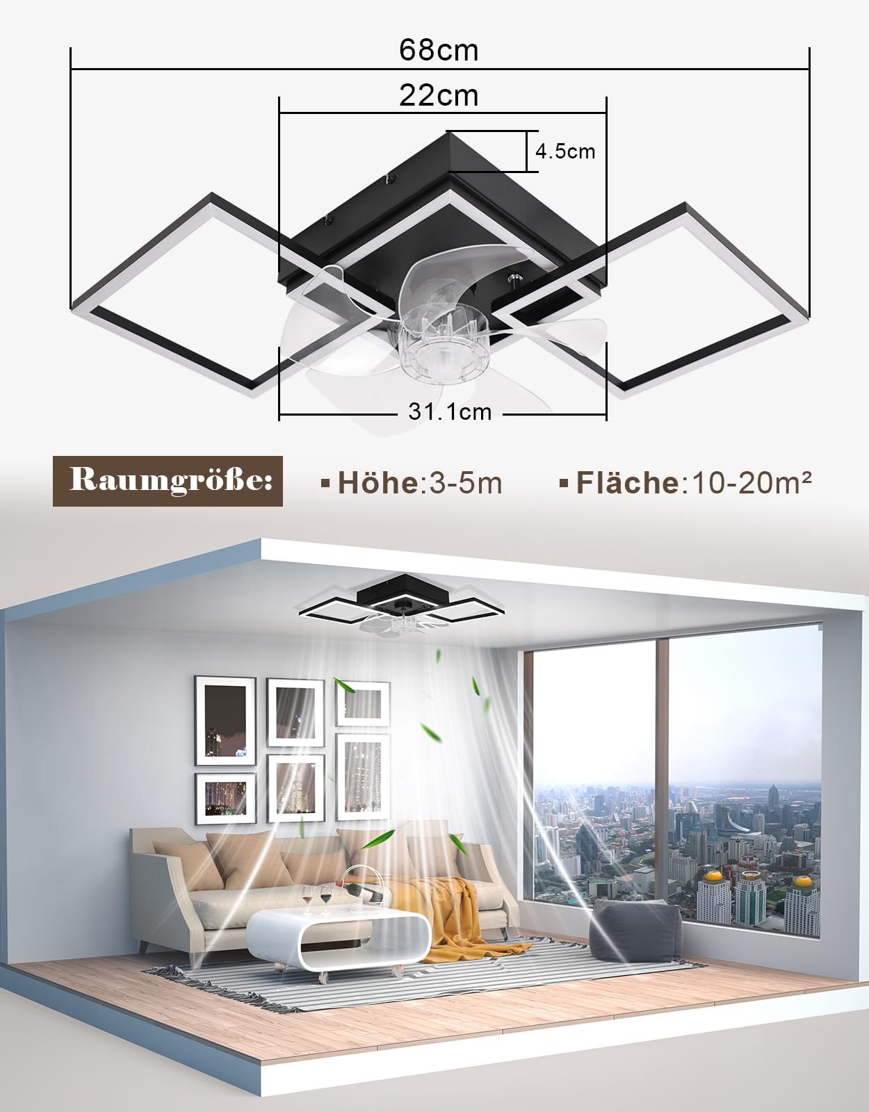 Homefire Moderne Deckenlampe mit Ventilator 68cm - Deckenventilator mit Beleuchtung 6-Gang LED Deckenventilatoren mit Licht Dimmbar mit Fernbedienung Timer für Wohnzimmer Esszimmer | Beleuchtung, 6 Geschwindigkeiten LED Deckenventilator mit Beleuchtung, D