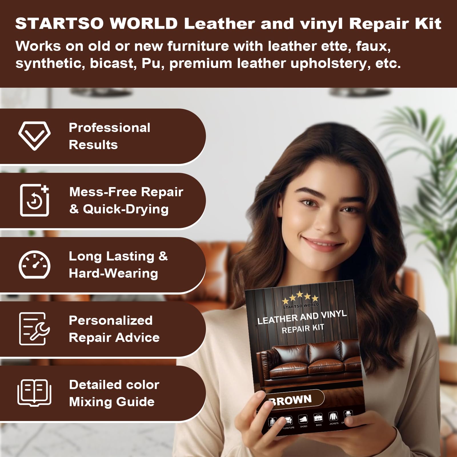 STARTSO WORLD Kit de reparación de cuero y vinilo marrón para muebles, sofás, asientos de coche, sofás, asientos de barco, chaquetas con instrucciones sencillas (idioma español no garantizado),