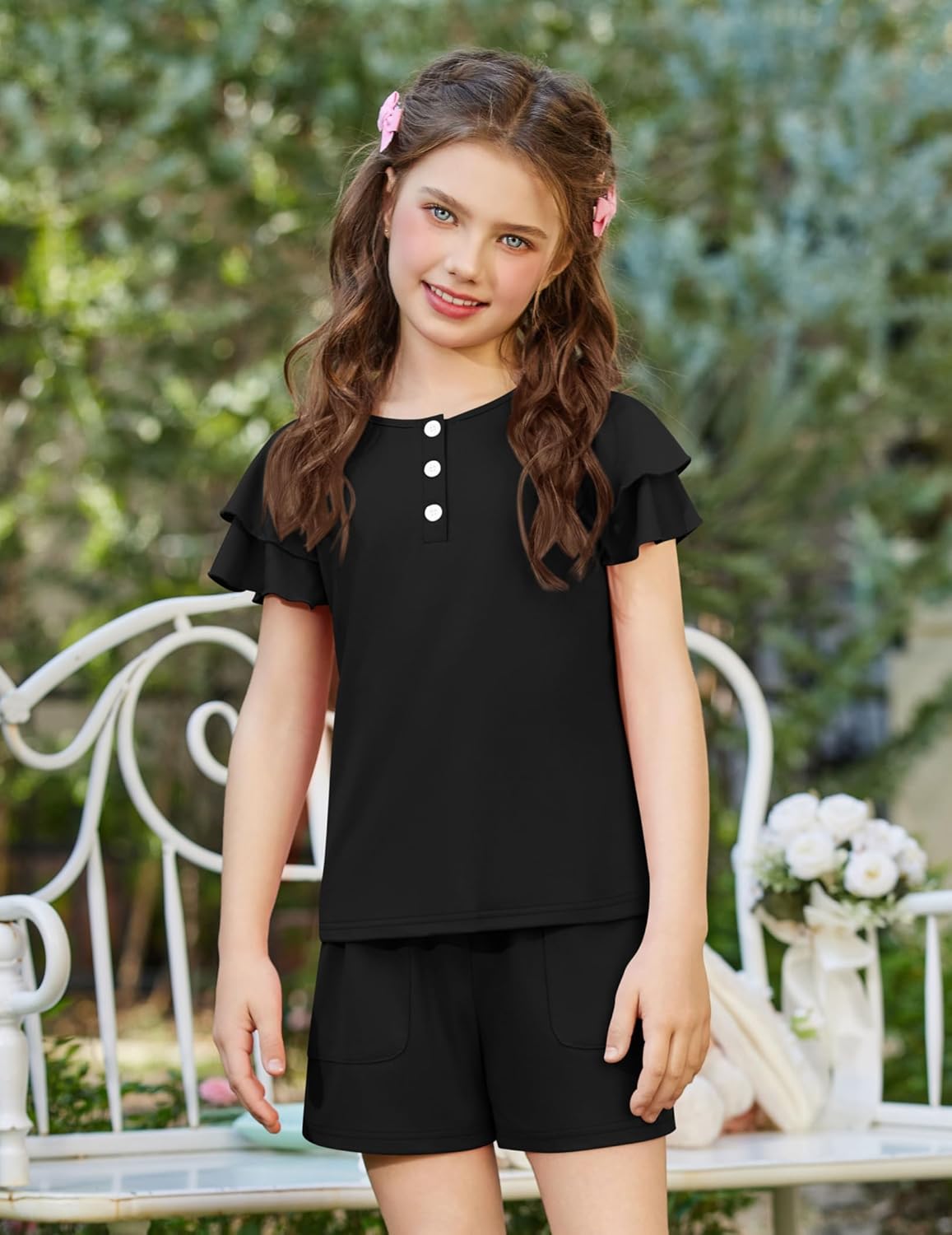 Arshiner Girls Summer Outfits 2 Piece Sets Ruffle Short Sleeve Button Down Shirts and Shorts Set Kids Clothes with Pockets - Image 2