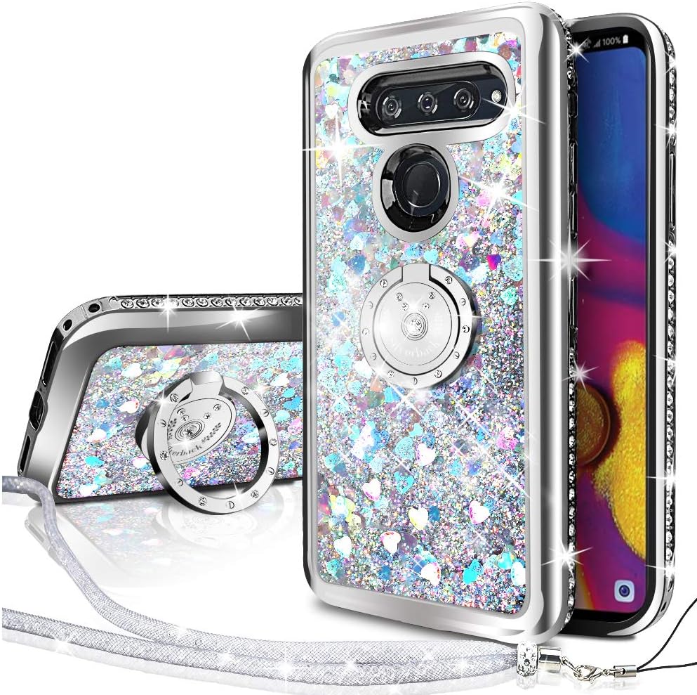 Silverback Compatible for LG V40 Phone Case, LG V40 ThinQ Case,Girls Women Moving Liquid Holographic Glitter Case with Kickstand,Cute Bling Diamond Ring Stand Slim Case for LG V40 ThinQ -Silver