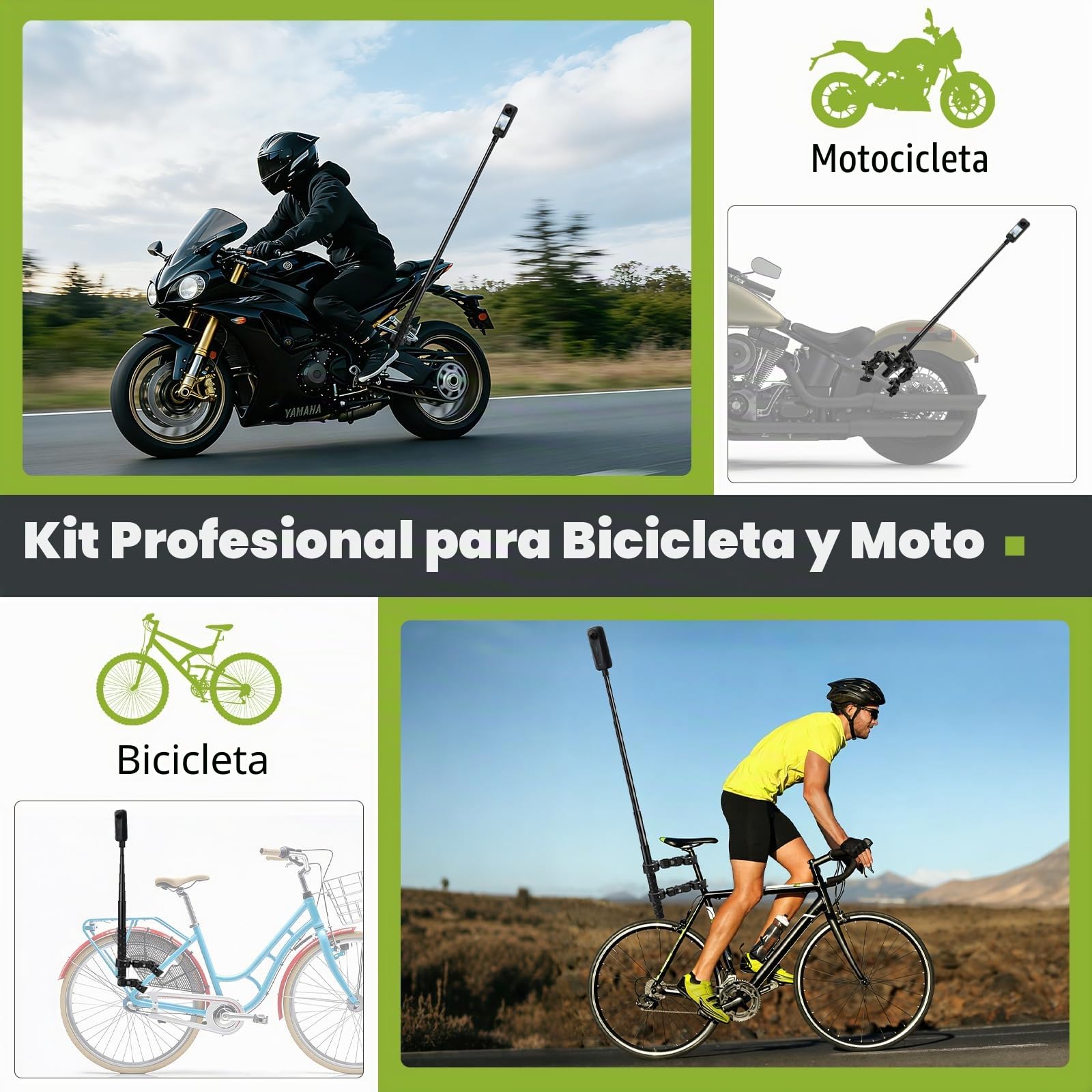 Soporte para Moto Insta 360 X5 X4, Kit de Montaje para Manillar de Bicicleta con Palo Selfie Invisible 120cm y Doble Abrazadera Accesorio para Insta360 X5 X4 X3 GoPro Hero 13 12 dji Osmo Pocket 3/4
