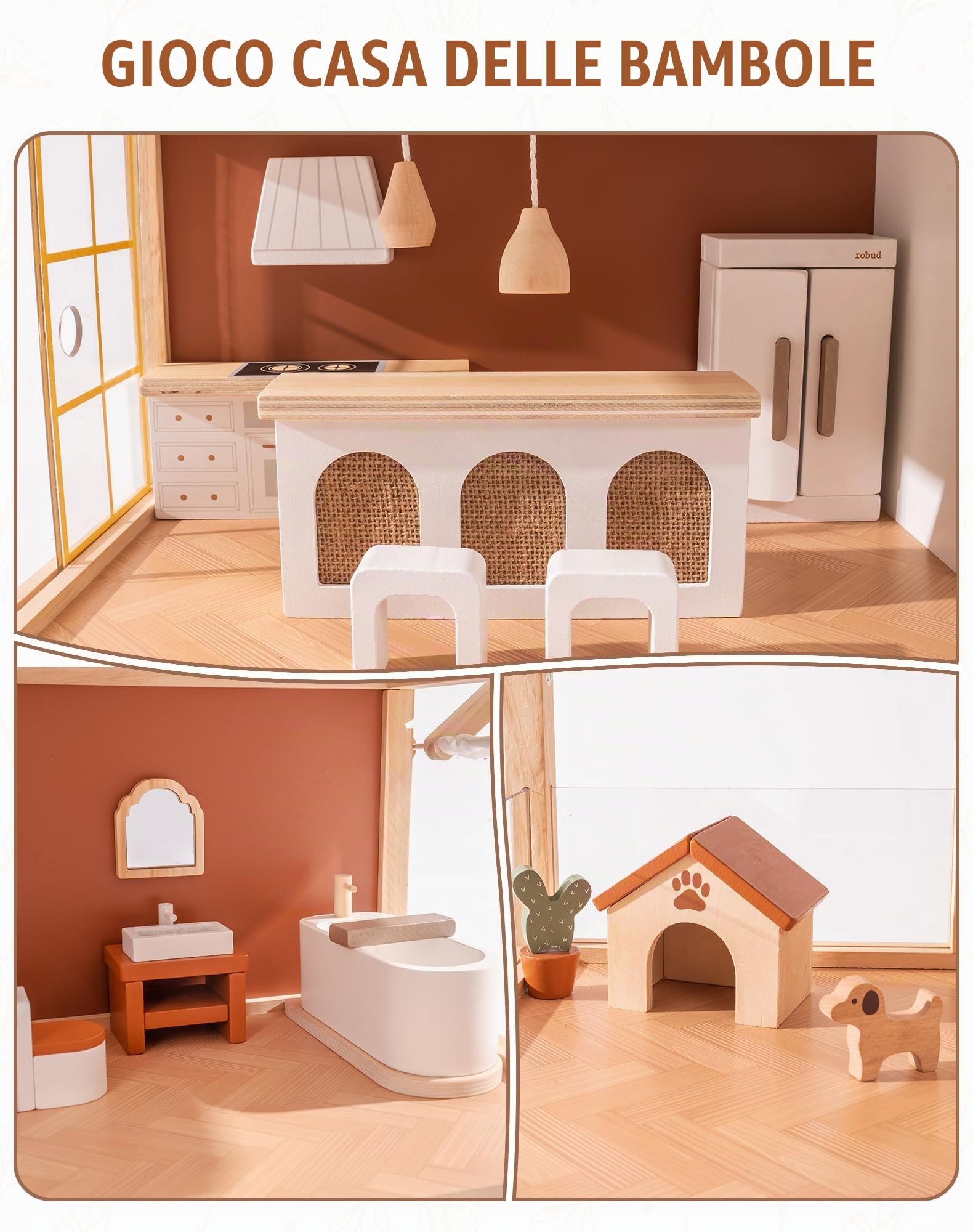 ROBUD Casa Delle Bambole in Legno in Stile Bohémien con 37 Pezzi Di Mobili Realistici e Accessori per Bambole - Giocattolo per Il Gioco Di Ruolo, Regalo per Bambini Bambine dai 3 Anni +