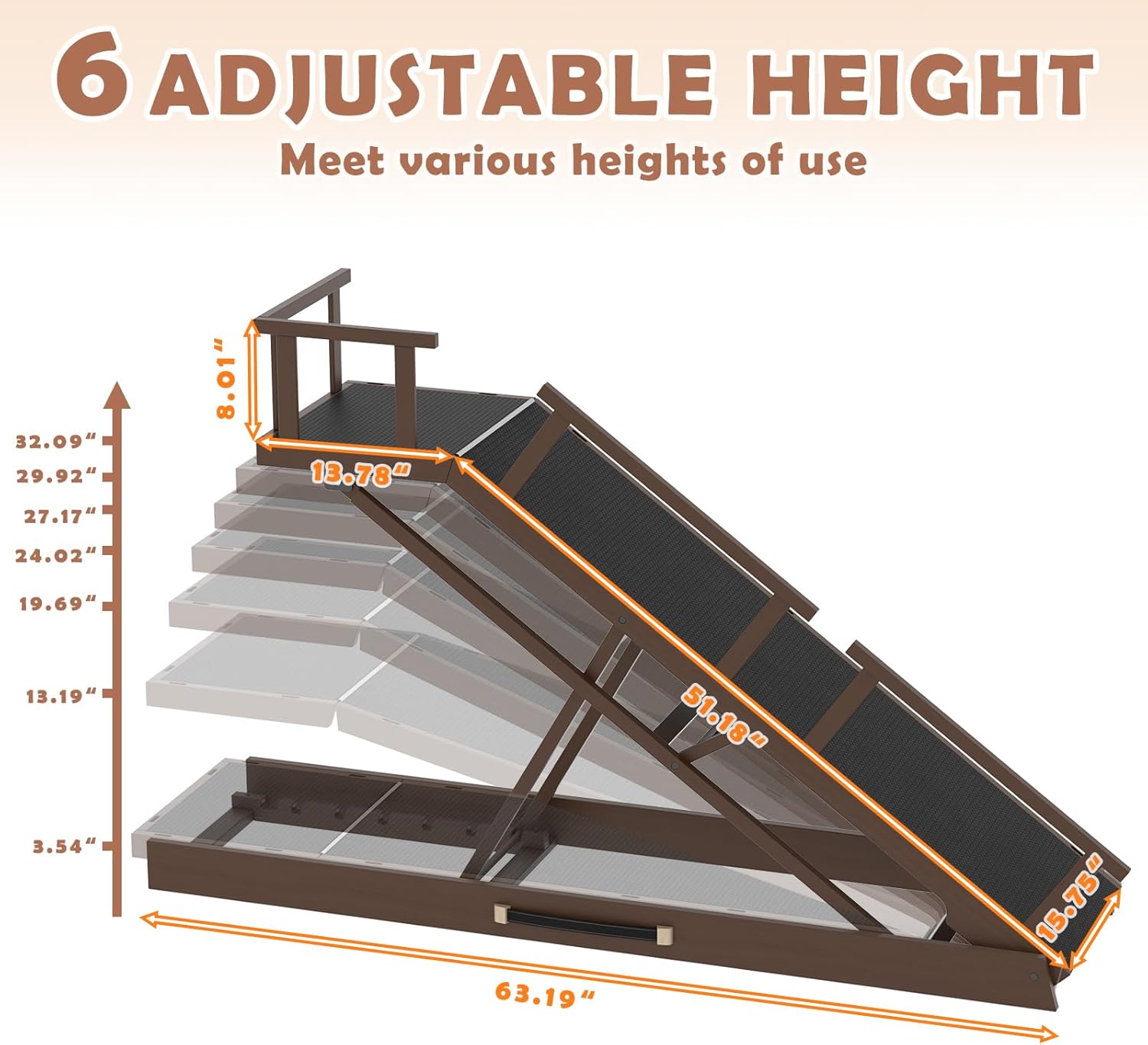 65" Foldable Dog Ramp for Bed, 6 Level（13"-32"） Birchwood Heavy Duty Adjustable Dog Ramp for Car Pet Ramp with EVA Non-Slip Surface, Rest Platform & Glow Strips for Large Dogs up to 200Lbs (Brown)