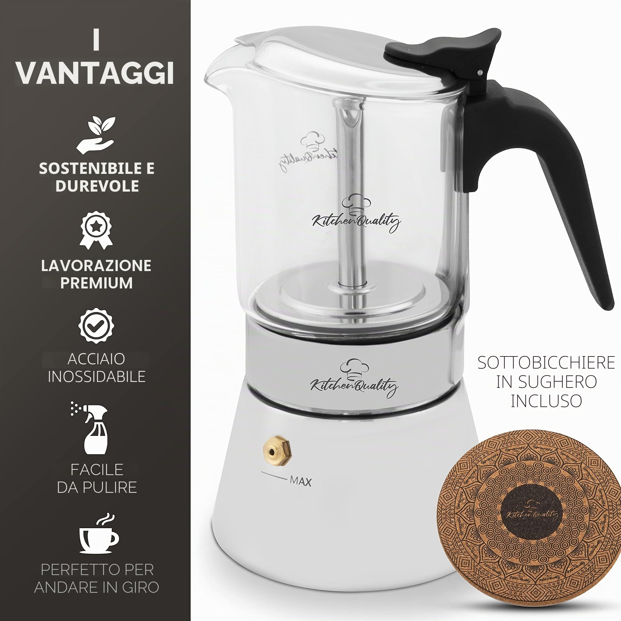 Caffettiera,Vetro + Acciaio Inossidabile,240 ml,per 4 tazze,18.5x14 cm, elettrico + induzione,con cucchiaio da porzionamento + 3 sottobicchieri in sughero