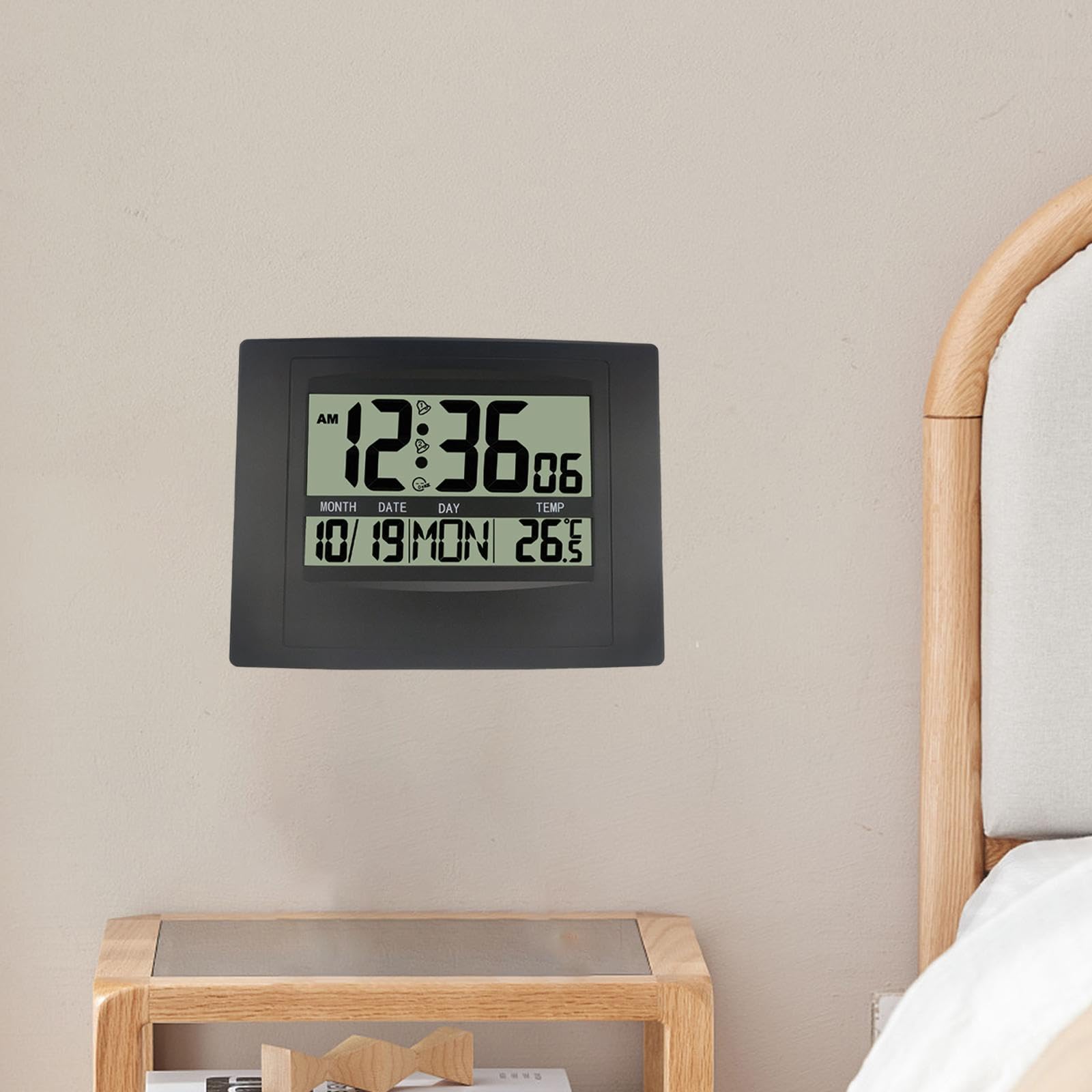 Digitale Wanduhr, geräuschlos, mit Datums-, Innentemperatur- und großem Display, für Nachttisch, Büro, Schlafzimmer oder Wohnzimmer, Schwarz