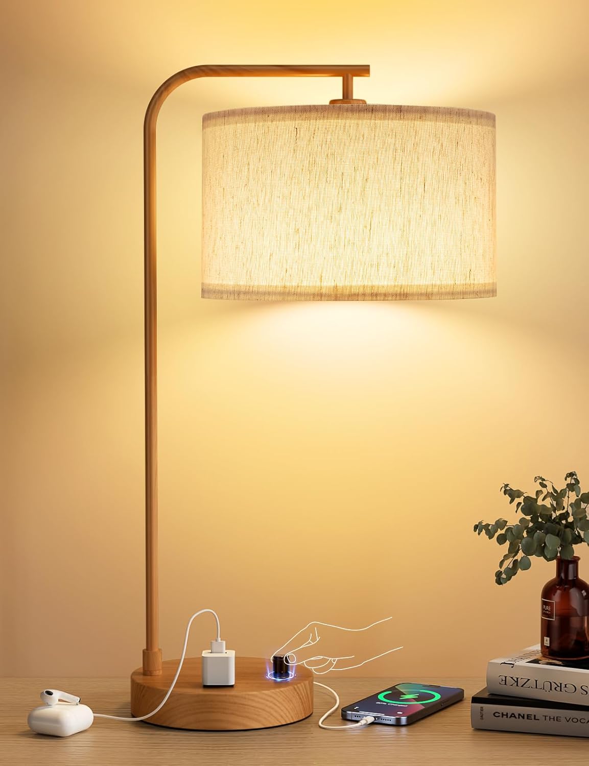 Innqoo Wood Tall Table Lamp with USB Port and Outlet, Dimmable Nightstand Bedside Lamps with Linen Lampshade, Desk Lamp for Bedroom, Living Room, Guest Room, Home Office, LED Bulb Included F-Beige Shade& Wood Base