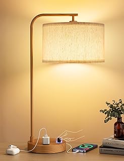 Innqoo Wood Tall Table Lamp with USB Port and Outlet, Dimmable Nightstand Bedside Lamps with Linen Lampshade, Desk Lamp for Bedroom, Living Room, Guest Room, Home Office, LED Bulb Included