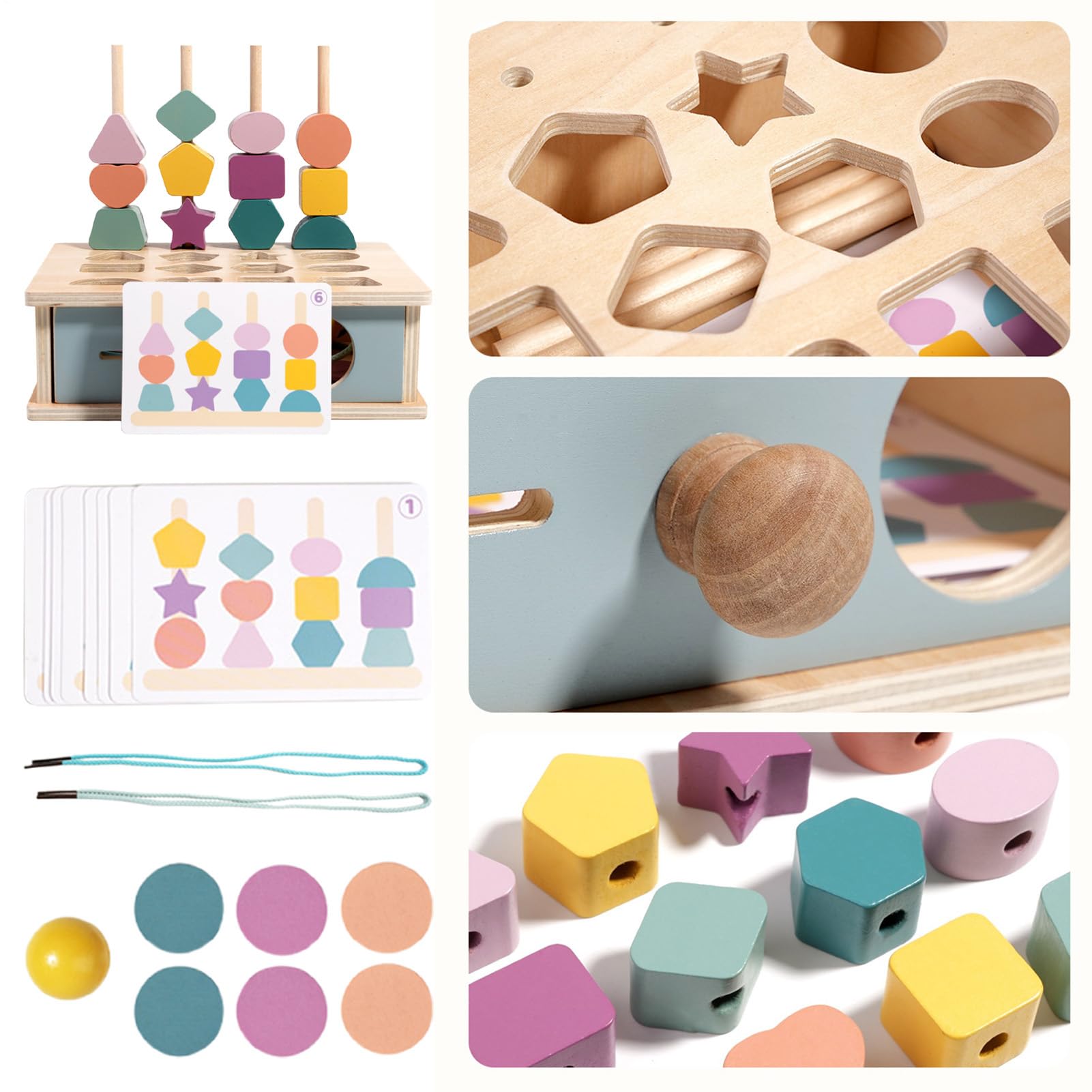 Generisch Shape Sorter Toy, Wood Fine Motor Skills, Easy Grip Lacing Beads Sequencing Game Educational Toy Problem Solving Cognitive Skills Hand Eye, Block Matching Lacing Beads for Boys, Girls