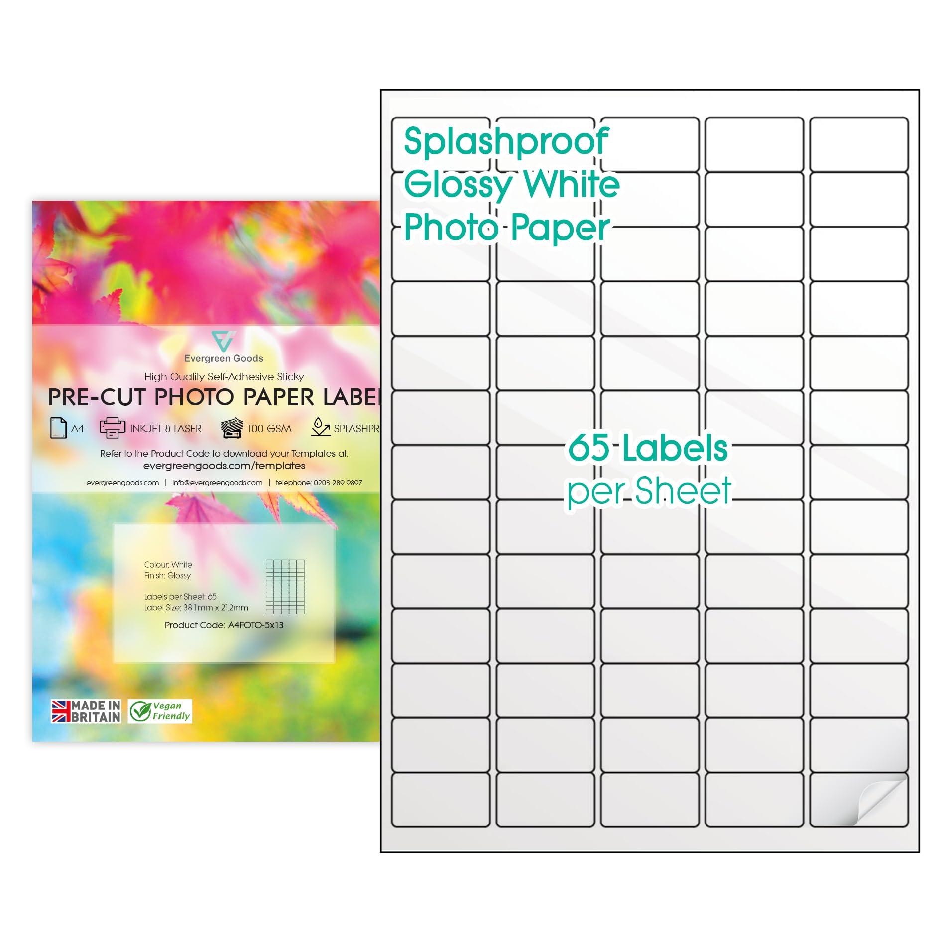 Vorgeschnittene Etiketten A4-Bogen, 500 Blatt, 65 pro Blatt, 5x13cm | Weißes Fotoaufkleberpapier für Tintenstrahl- und Laserdrucker, glänzend, selbstklebend, spritzwassergeschützt, 9 Größen