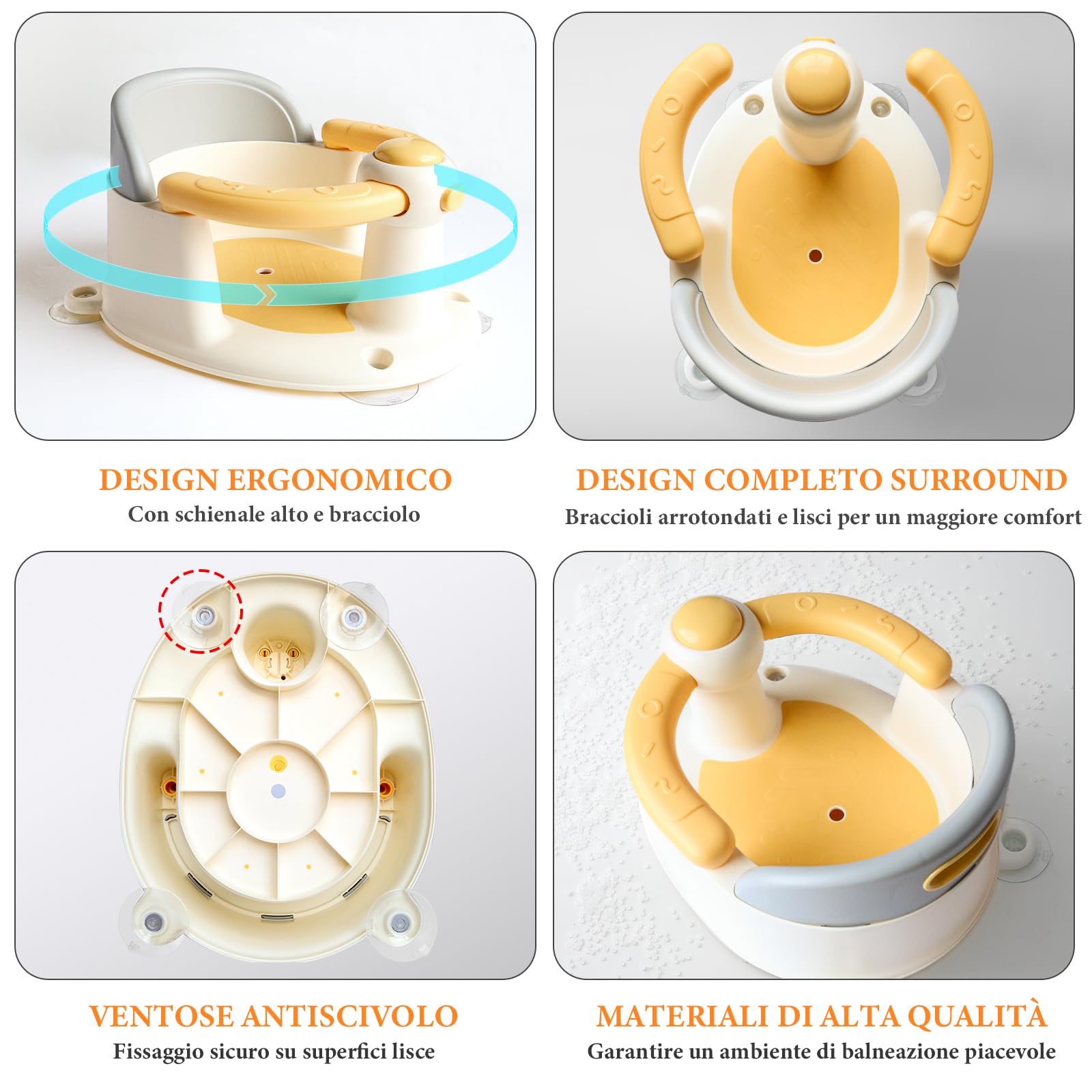 Seggiolino per vasca da bagno per bambini dai 6 mesi in su, antiscivolo, con 4 ventose forti, ergonomico, per doccia o vasca da bagno (giallo)