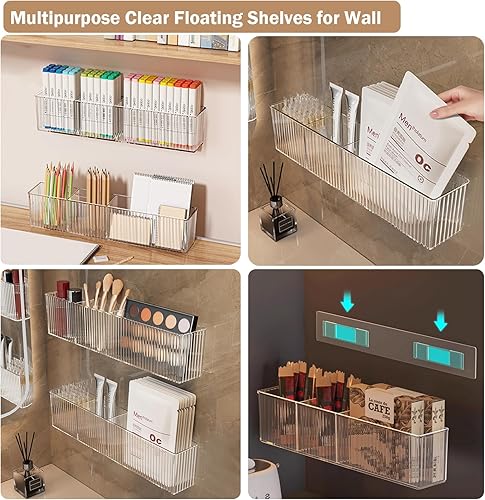 Miniatura 7 de Paquete de 2 estantes flotantes de baño, organizador de montaje en pared, organizador de puerta de gabinete transparente largo y estrecho, estantes