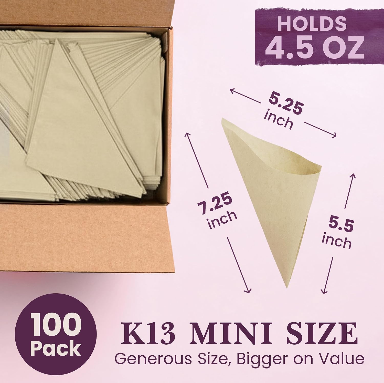 Friteshop Premium Eco Brown Paper Cones K-13 Mini 4.5 oz - Disposable, Grease Absorbing - Hors d’oeuvres and French Fries Holder, Catering and Parties - Durable European Made Snack Holder - 100 Count