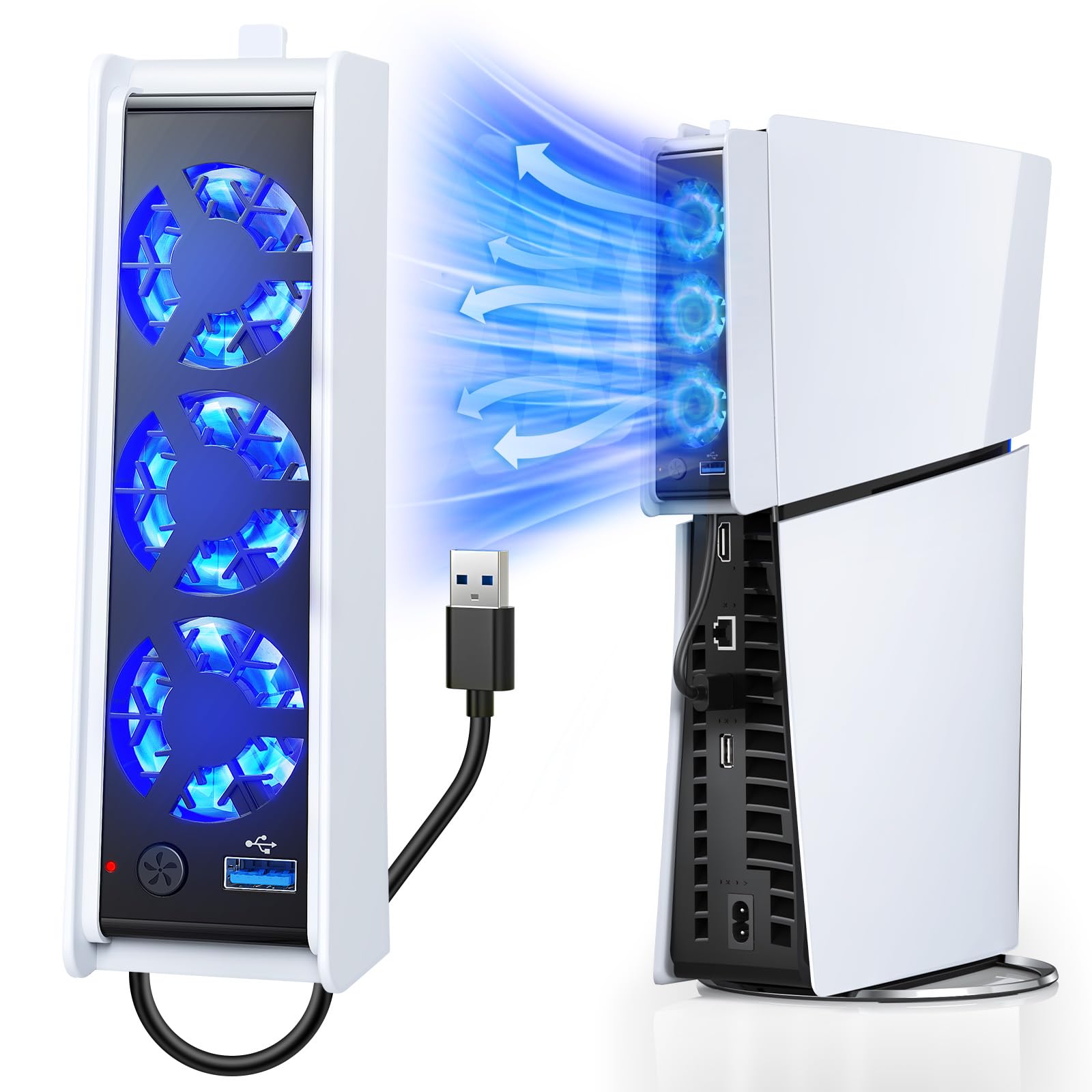 FASTSNAIL Cooling Fan for PS5 Slim Digital/Disc, Auto Speed Adjustable by Temperature Sensor, 2 Fan Speed Manual & USB 3.0 Hub & LED Light, Cooler