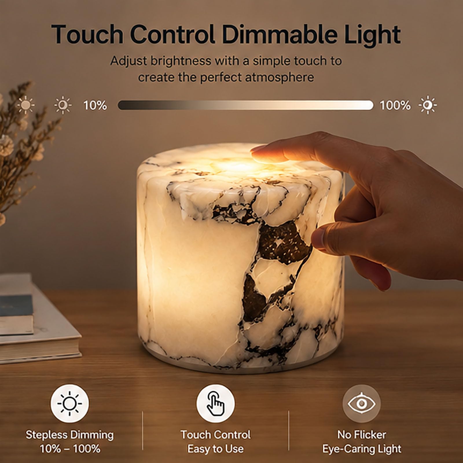 luz nocturna con control táctil de piedra natural | Batería de 1200 mAh, carga tipo C, lámpara de mesa LED regulable, luz de espectro completo(Monochromatic-Light,2)